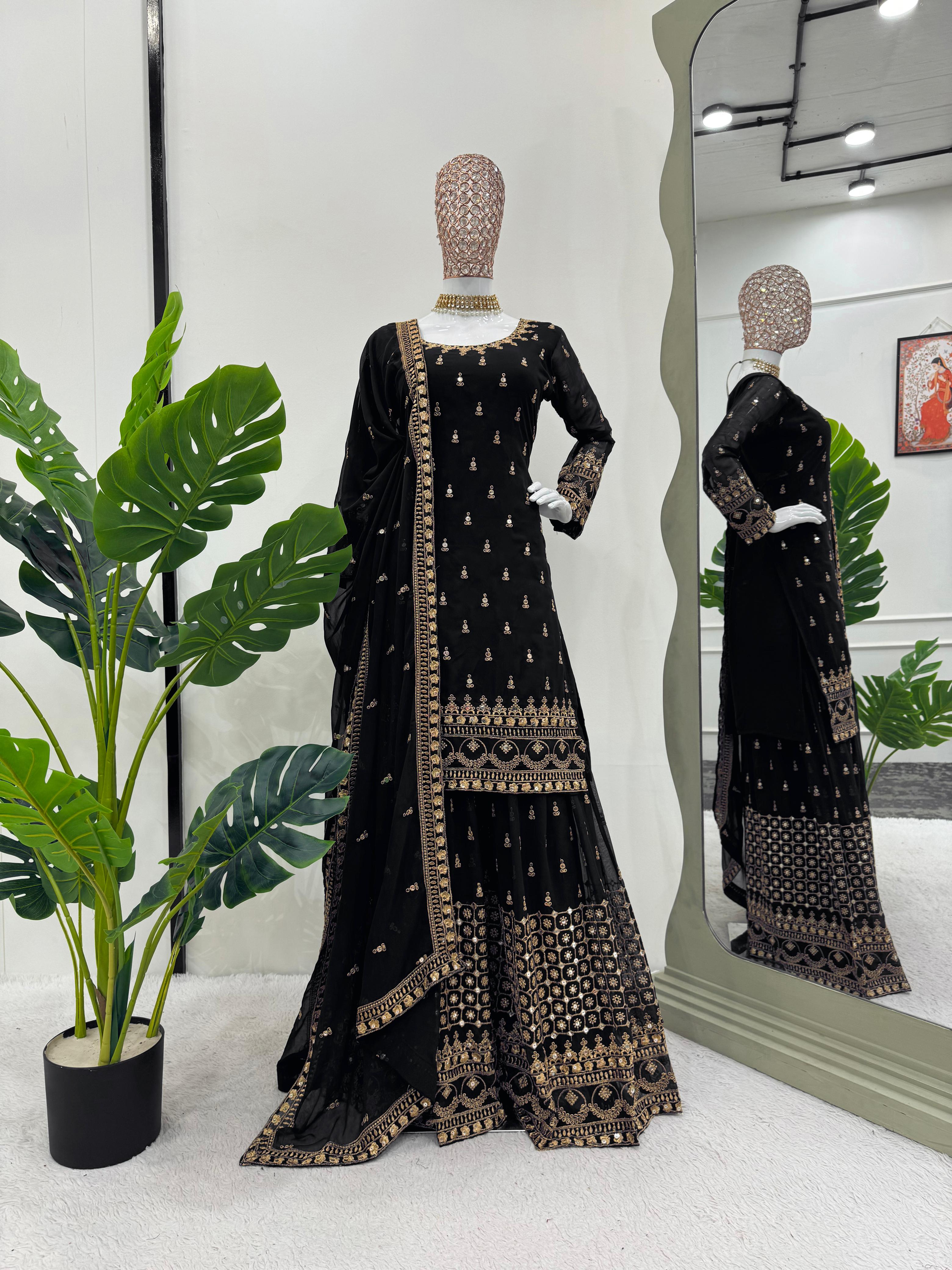 Wedding Wear Black Color Georgette Thread With 9mm Sequence Designer Sharara Suit