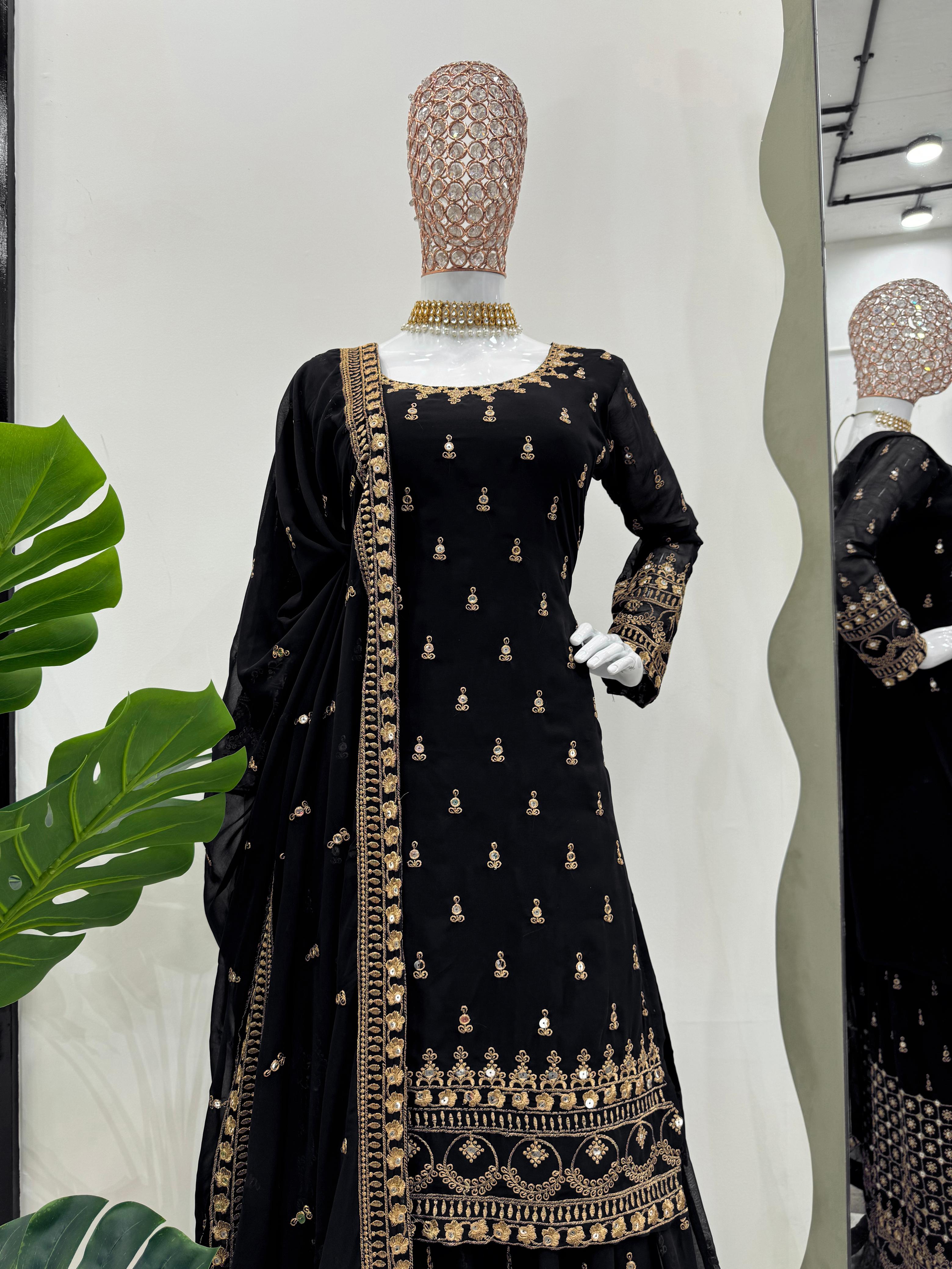 Wedding Wear Black Color Georgette Thread With 9mm Sequence Designer Sharara Suit