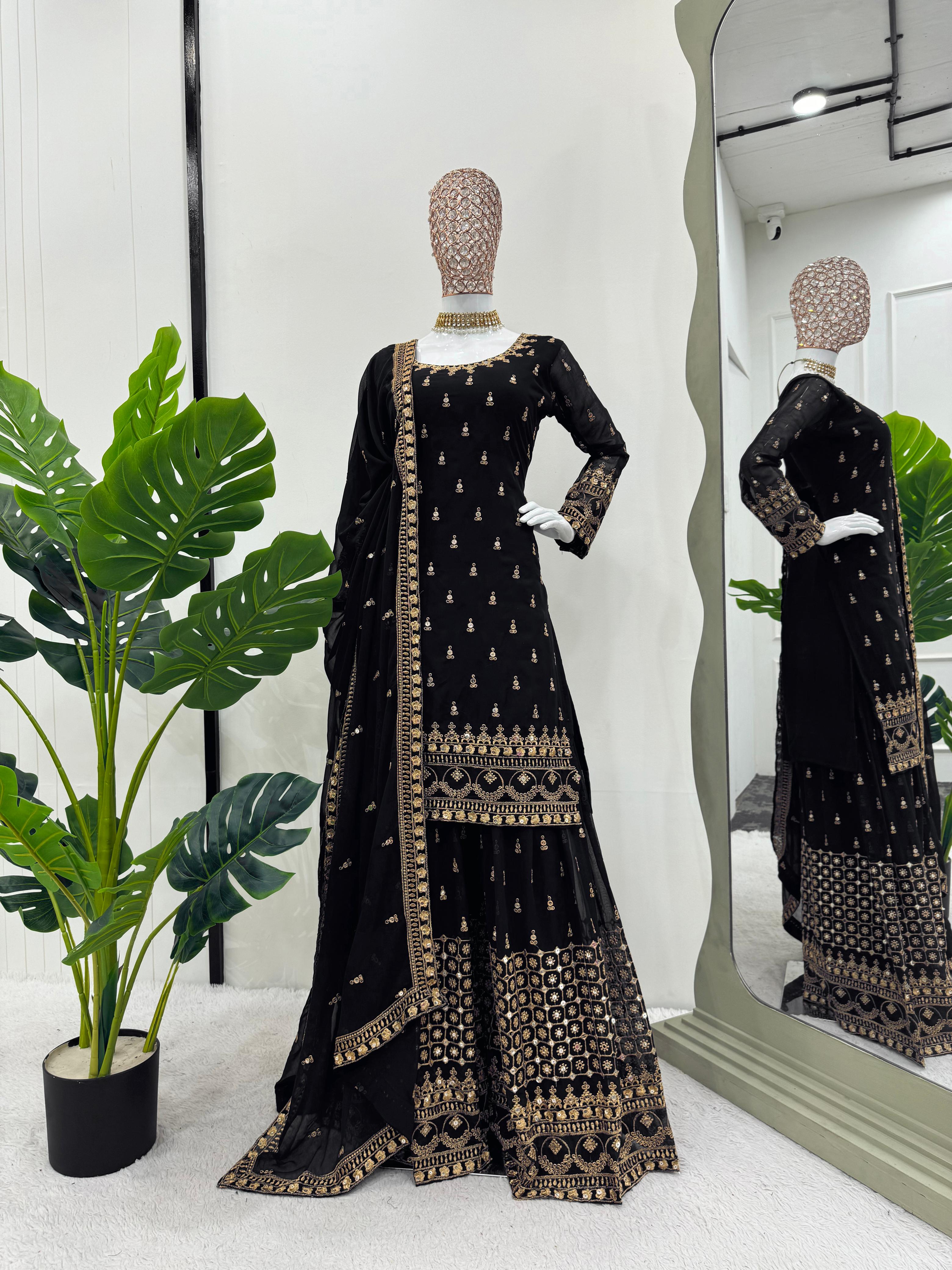 Wedding Wear Black Color Georgette Thread With 9mm Sequence Designer Sharara Suit