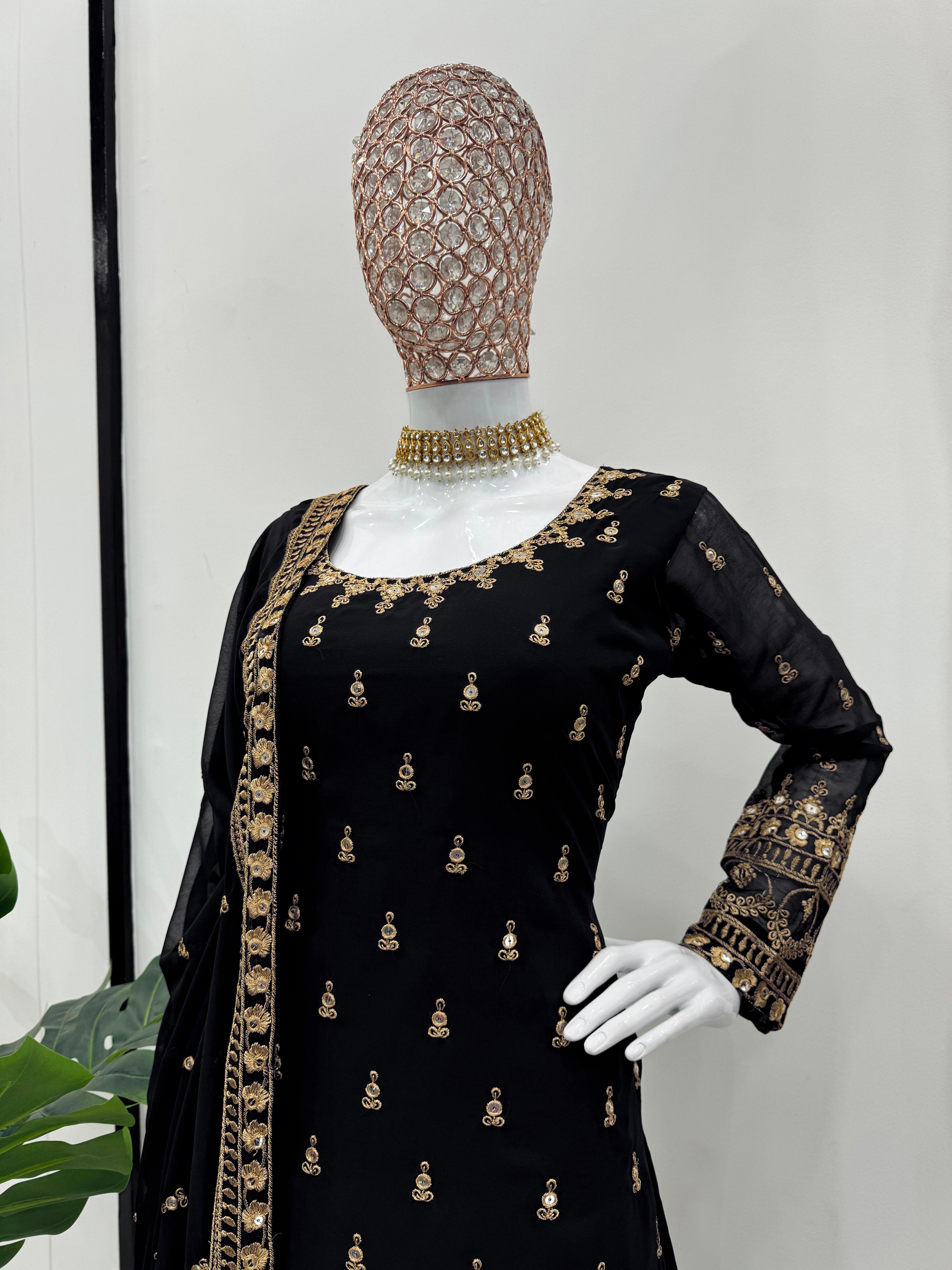 Wedding Wear Black Color Georgette Thread With 9mm Sequence Designer Sharara Suit