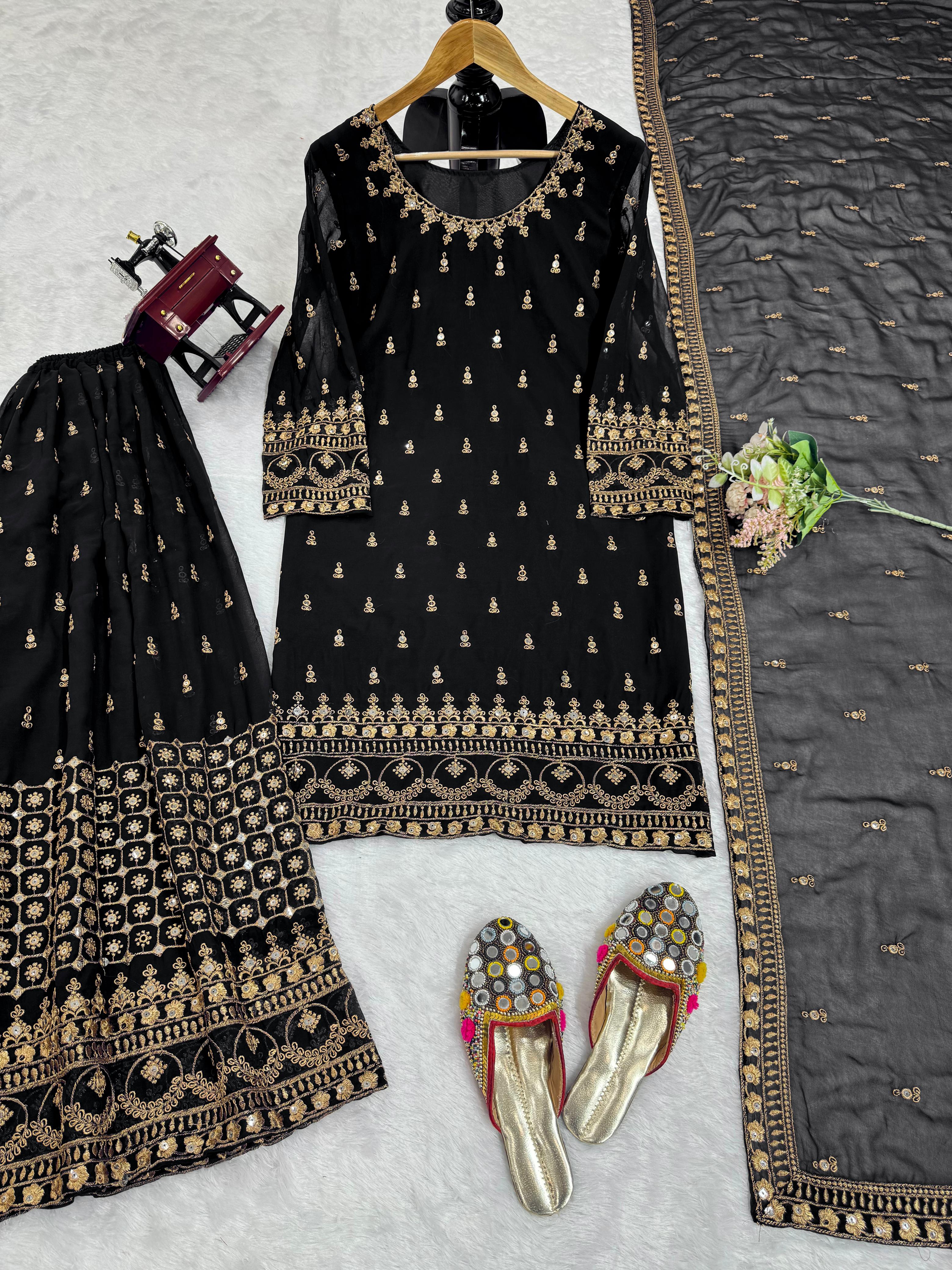 Wedding Wear Black Color Georgette Thread With 9mm Sequence Designer Sharara Suit