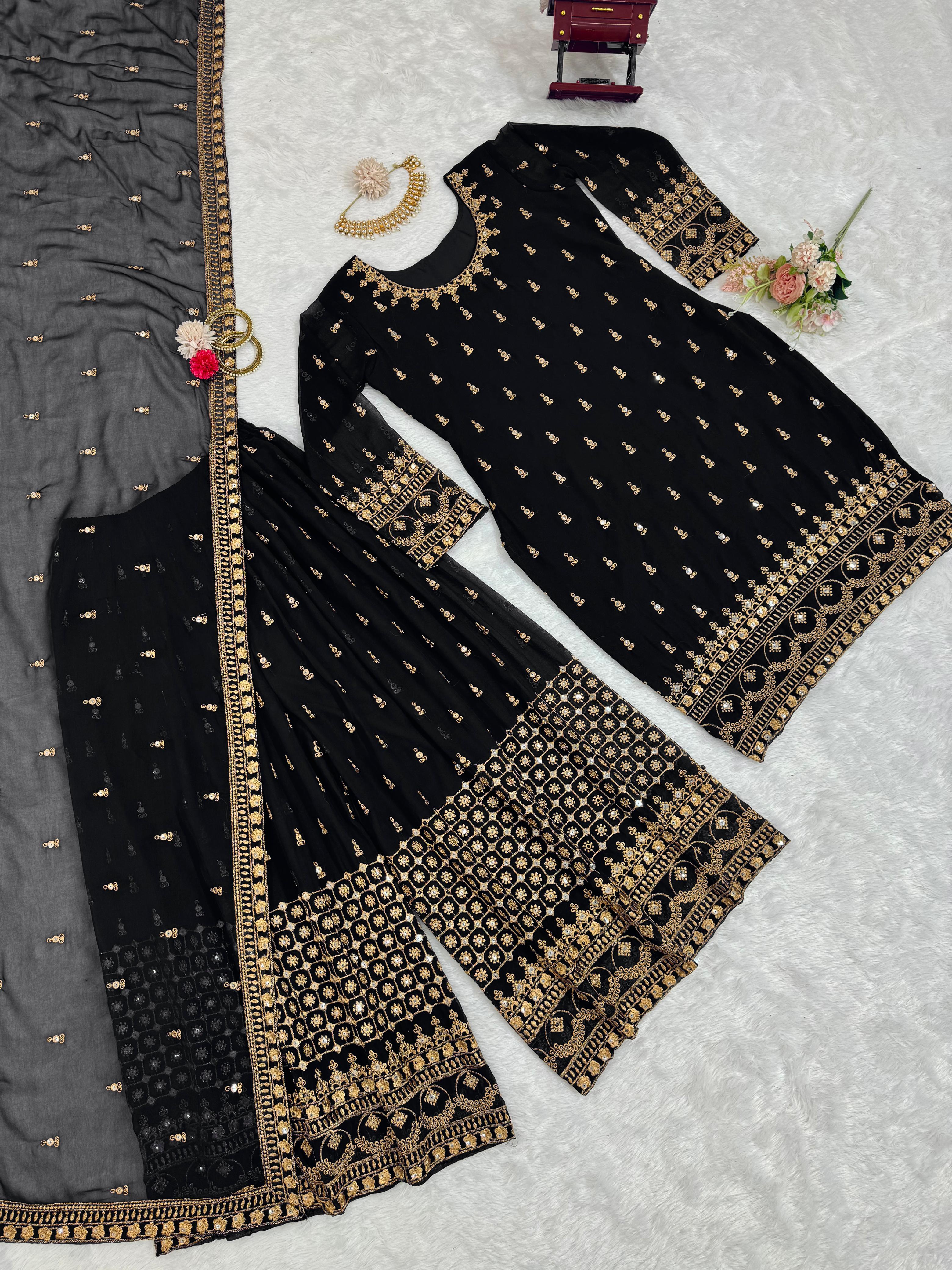 Wedding Wear Black Color Georgette Thread With 9mm Sequence Designer Sharara Suit