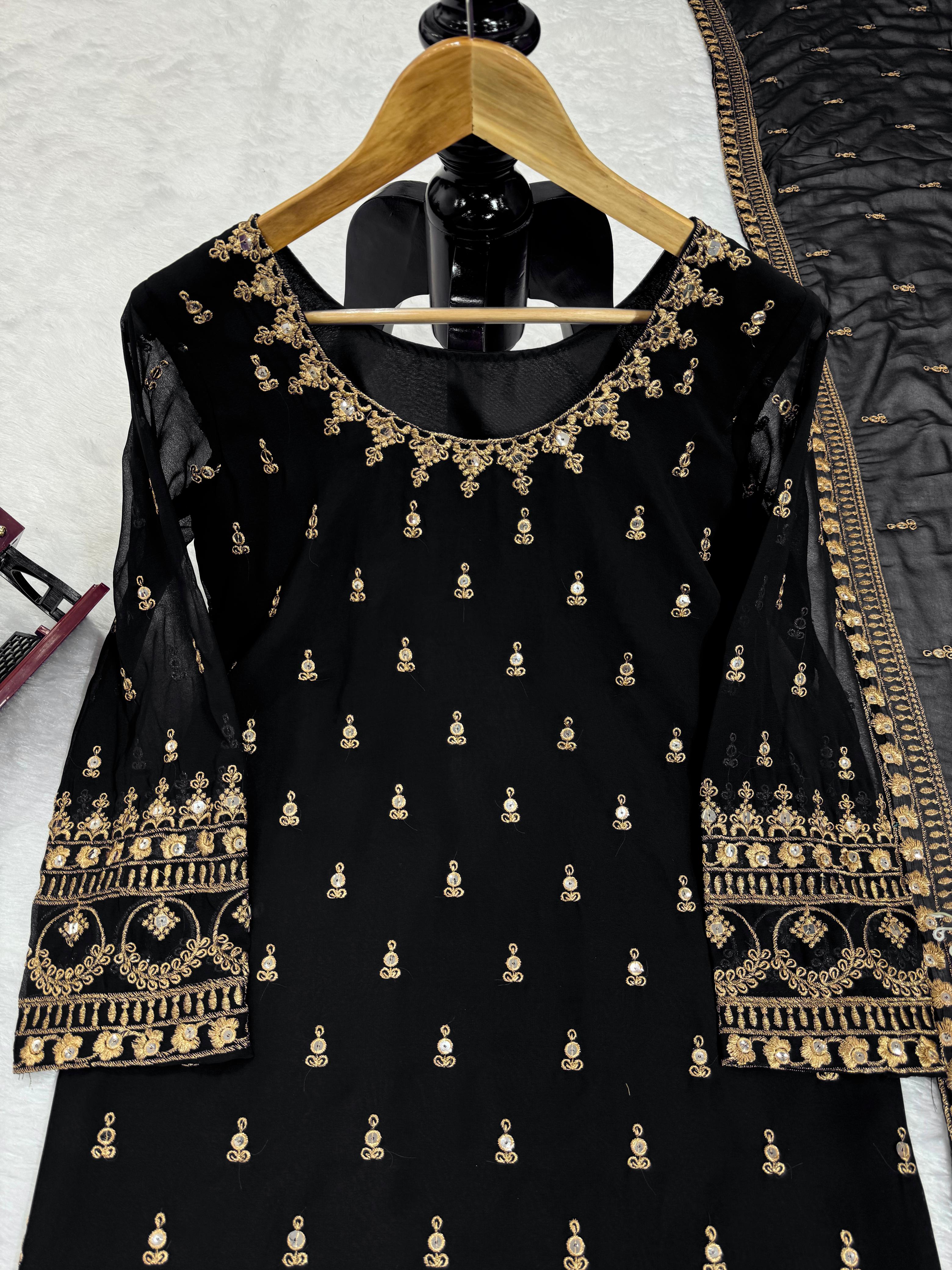 Wedding Wear Black Color Georgette Thread With 9mm Sequence Designer Sharara Suit