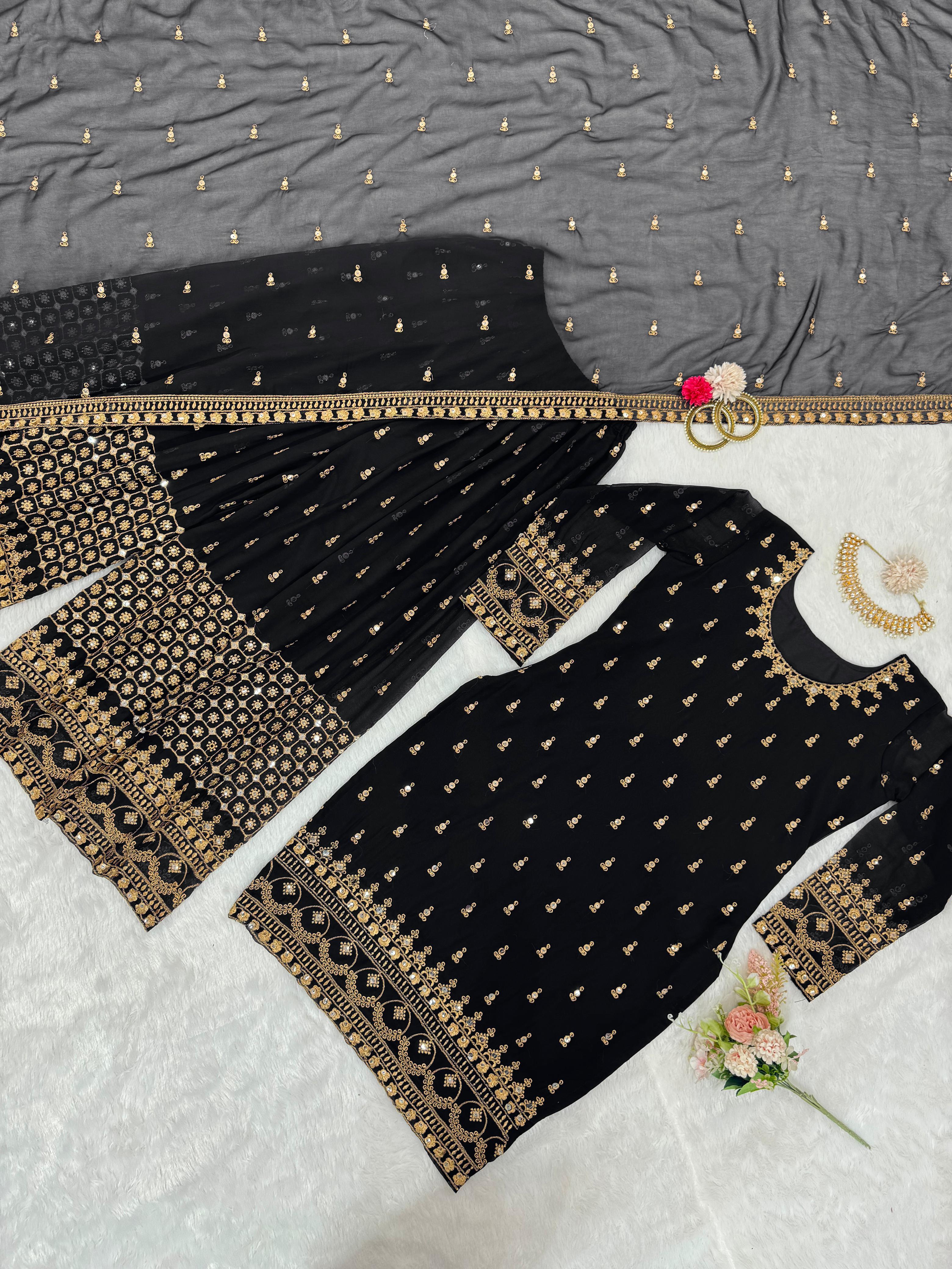 Wedding Wear Black Color Georgette Thread With 9mm Sequence Designer Sharara Suit