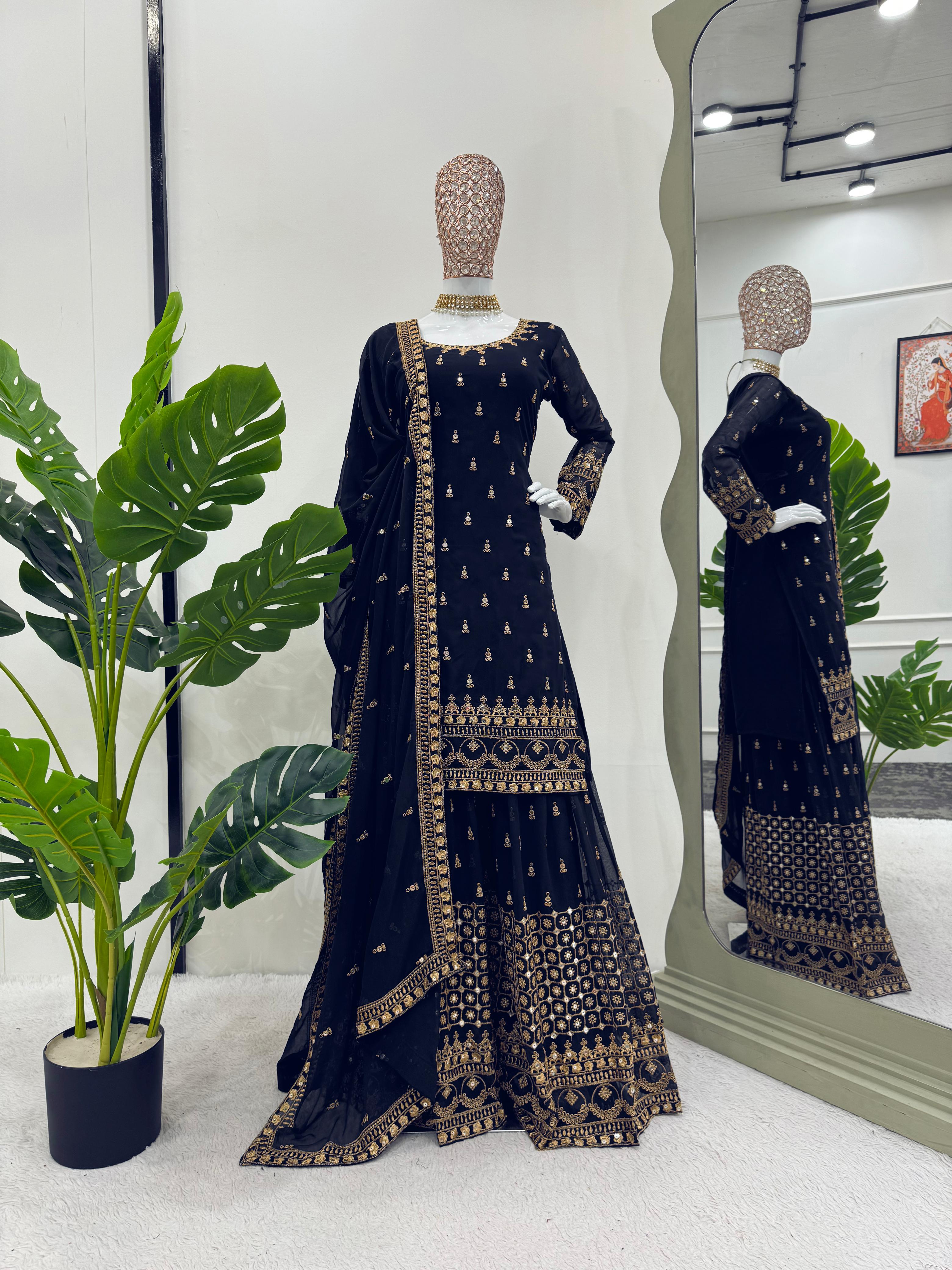 Reception Wear Navyblue Color Georgette Thread With 9mm Sequence Designer Sharara Suit