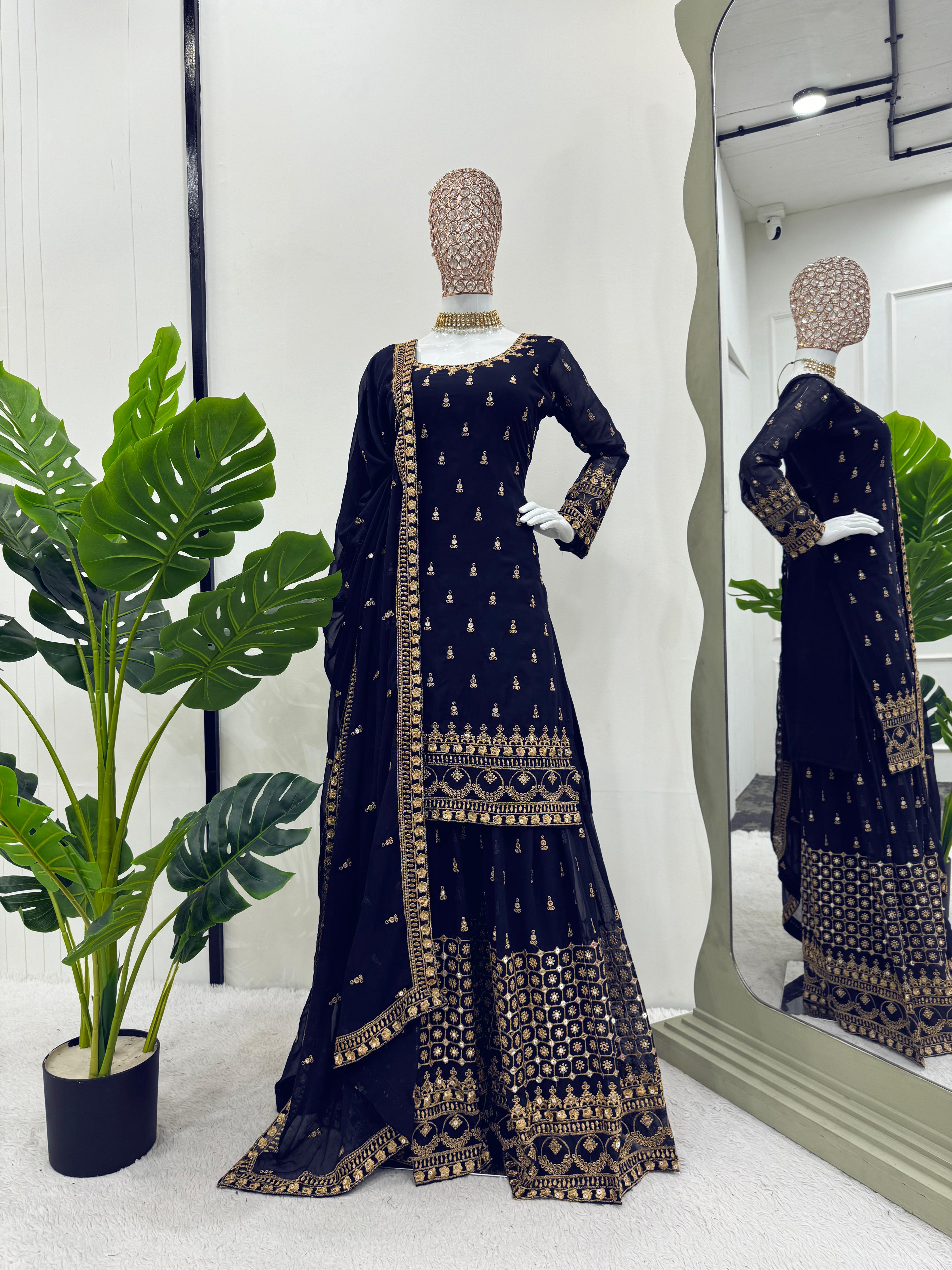 Reception Wear Navyblue Color Georgette Thread With 9mm Sequence Designer Sharara Suit