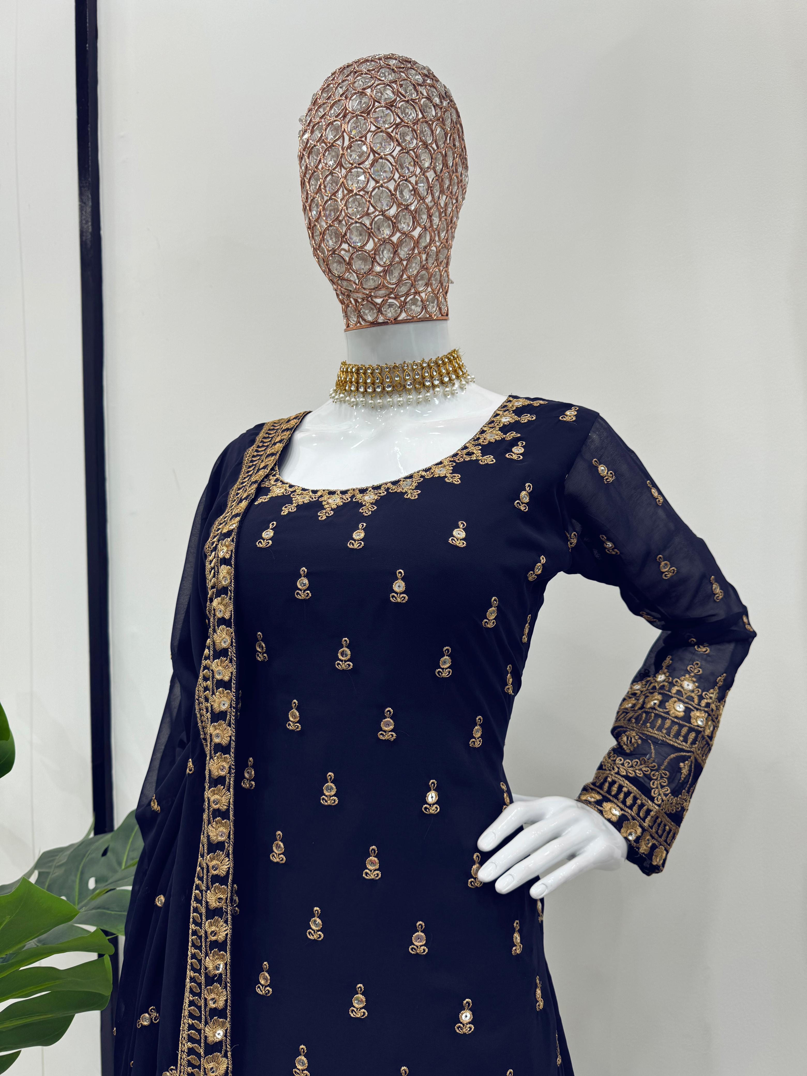 Reception Wear Navyblue Color Georgette Thread With 9mm Sequence Designer Sharara Suit