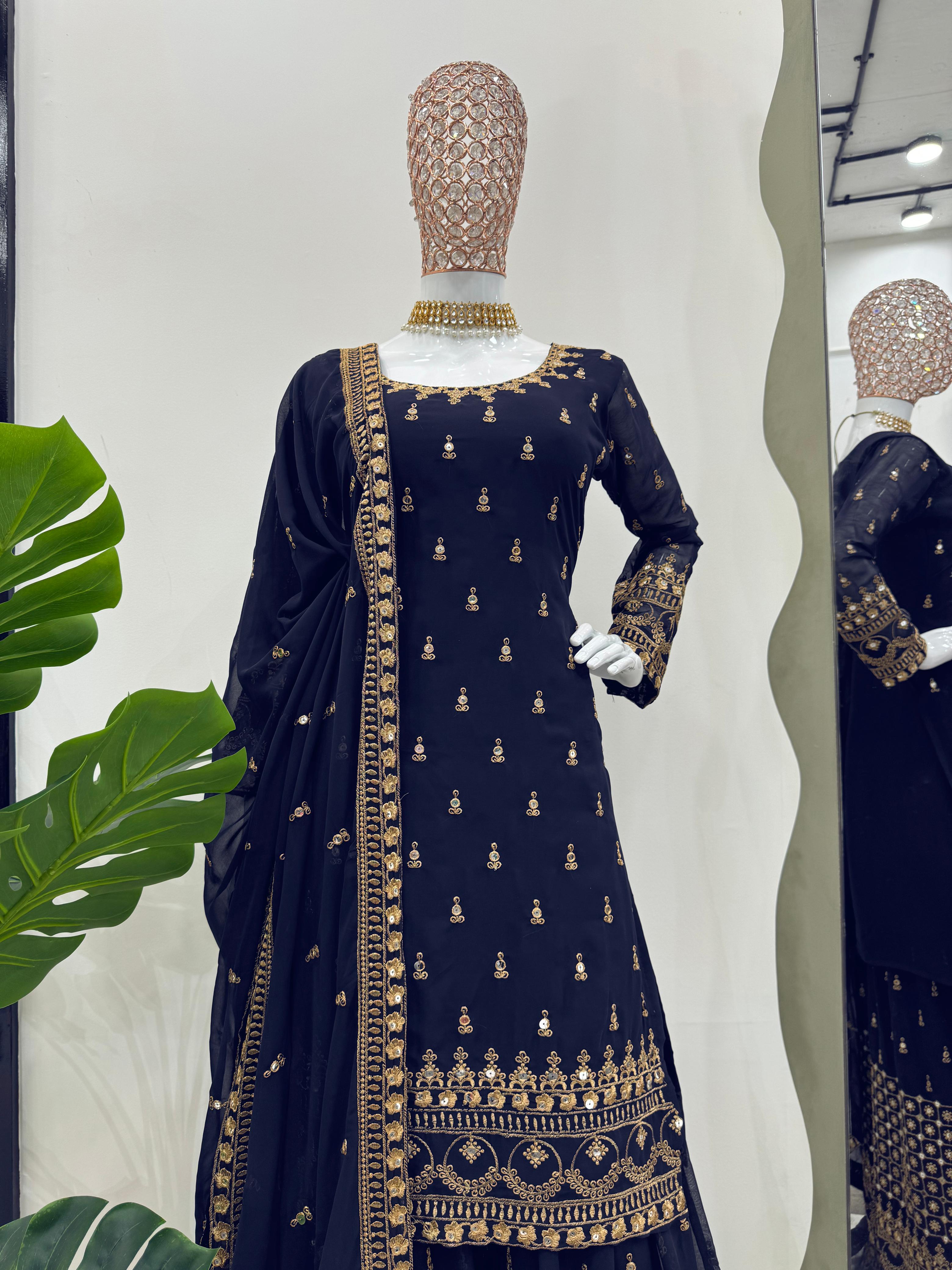 Reception Wear Navyblue Color Georgette Thread With 9mm Sequence Designer Sharara Suit