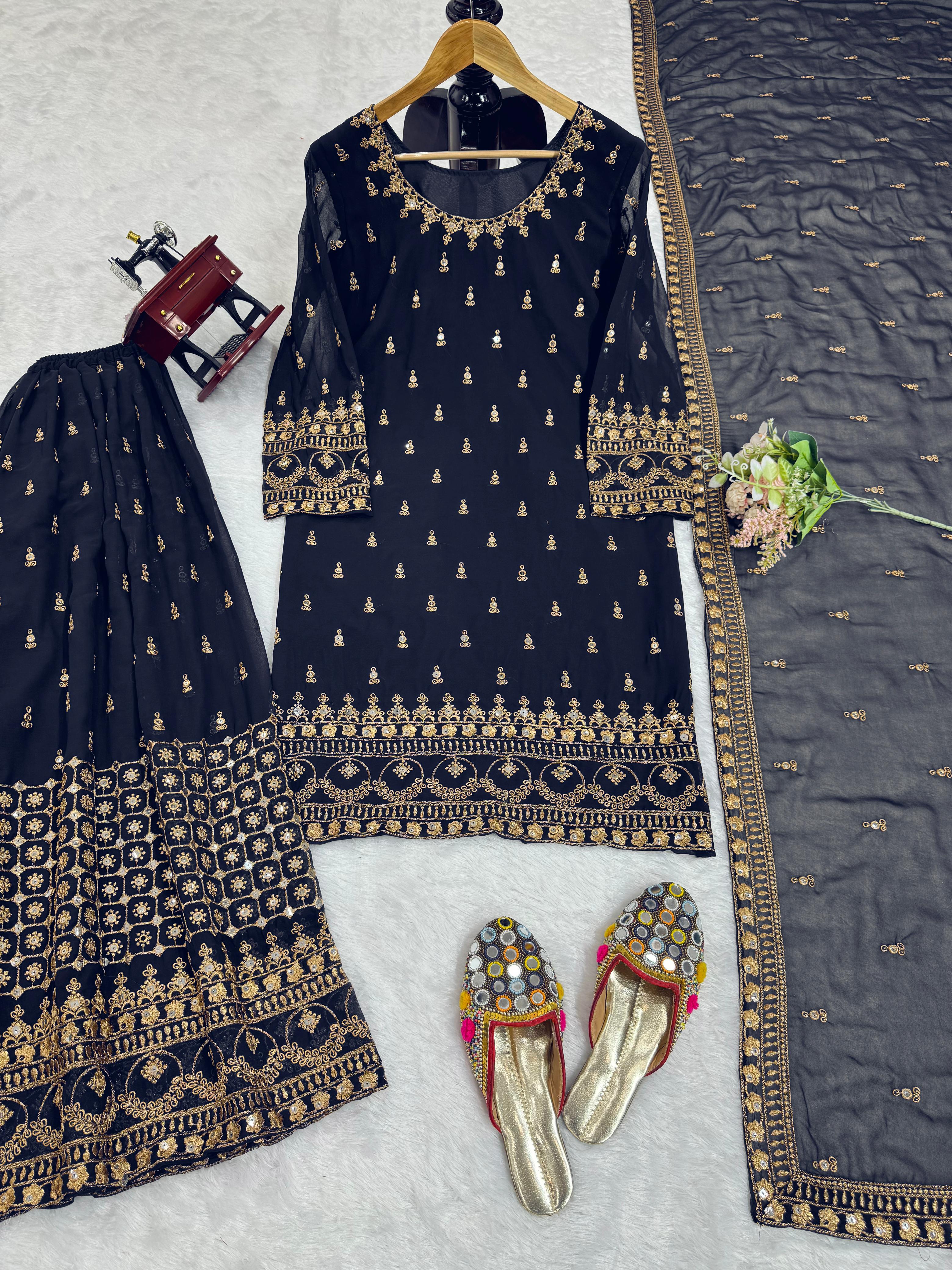 Reception Wear Navyblue Color Georgette Thread With 9mm Sequence Designer Sharara Suit