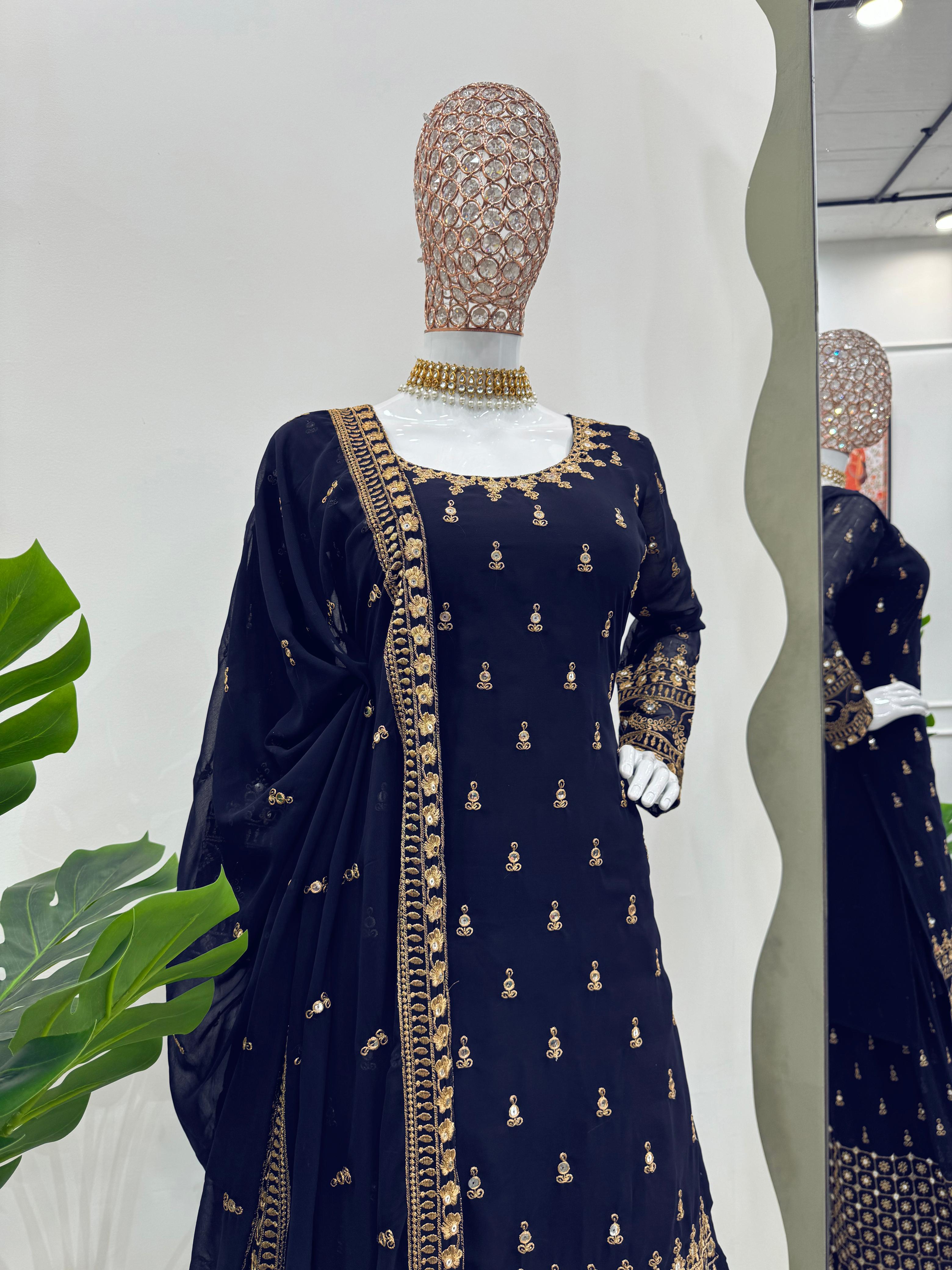 Reception Wear Navyblue Color Georgette Thread With 9mm Sequence Designer Sharara Suit