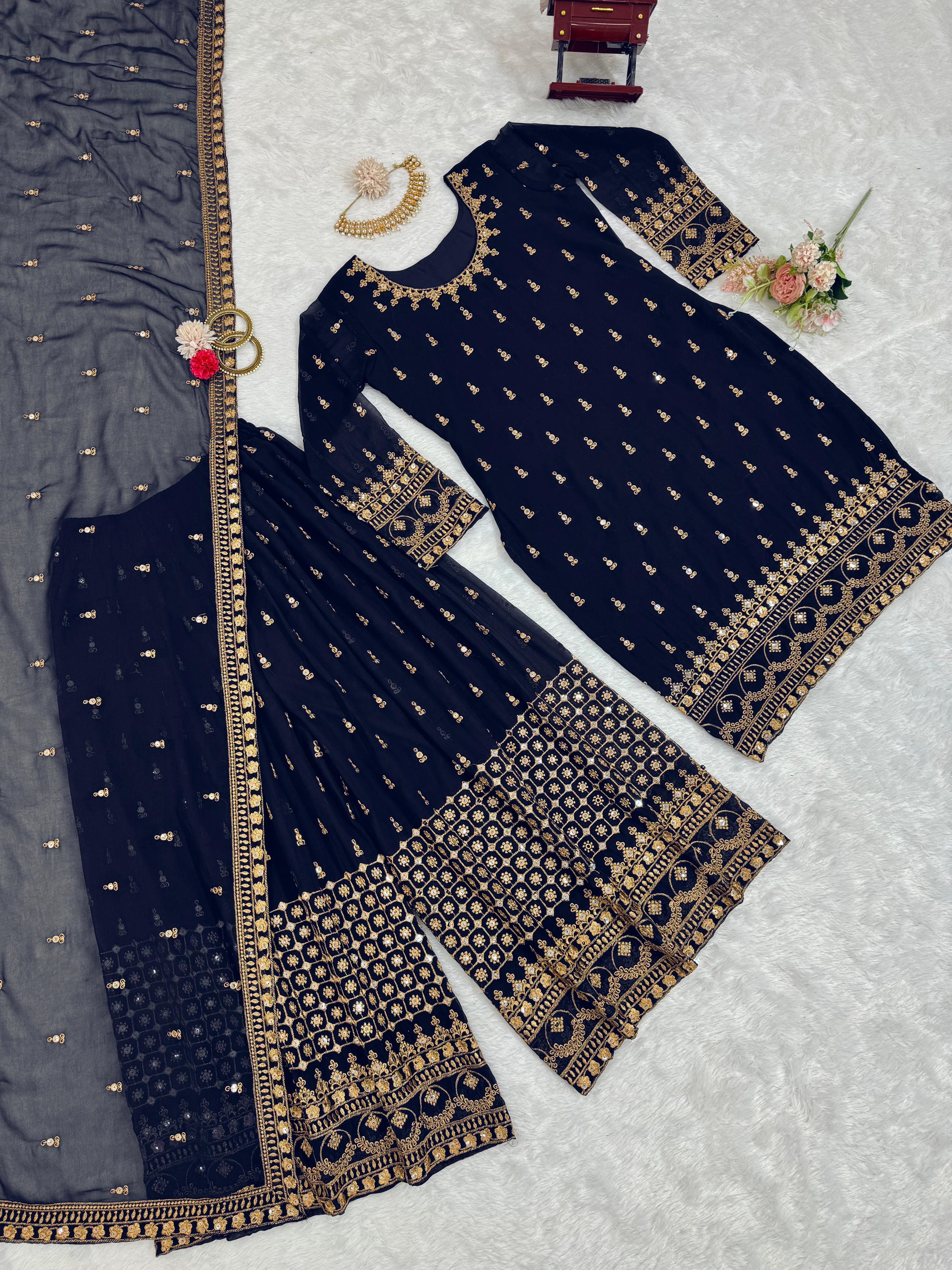 Reception Wear Navyblue Color Georgette Thread With 9mm Sequence Designer Sharara Suit