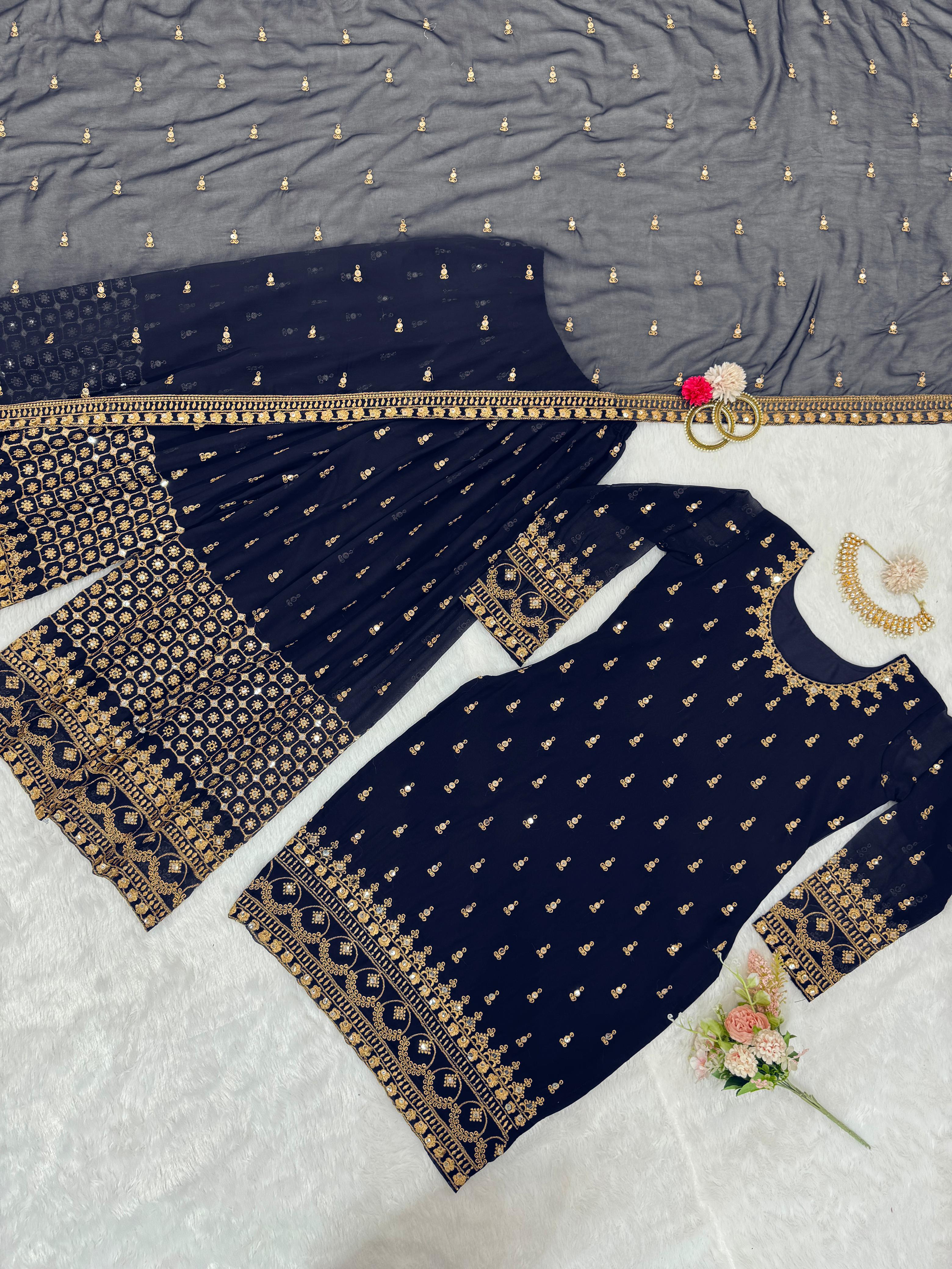 Reception Wear Navyblue Color Georgette Thread With 9mm Sequence Designer Sharara Suit