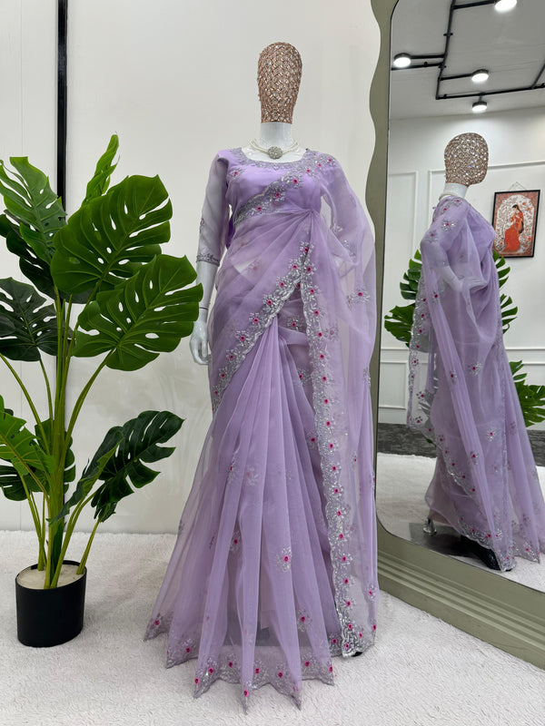 Charming Lavender Color Thread with Sequence Work Organza Silk Saree