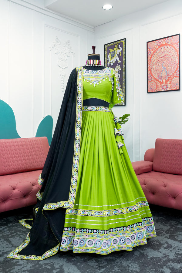 Glimmering Green Color Rayon Real Mirror With Codi Work Designer Lehenga Choli