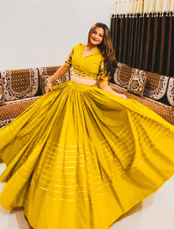 Navratri Collection Yellow Color Cotton Embroidery With Mirror Work Designer Lehenga Choli