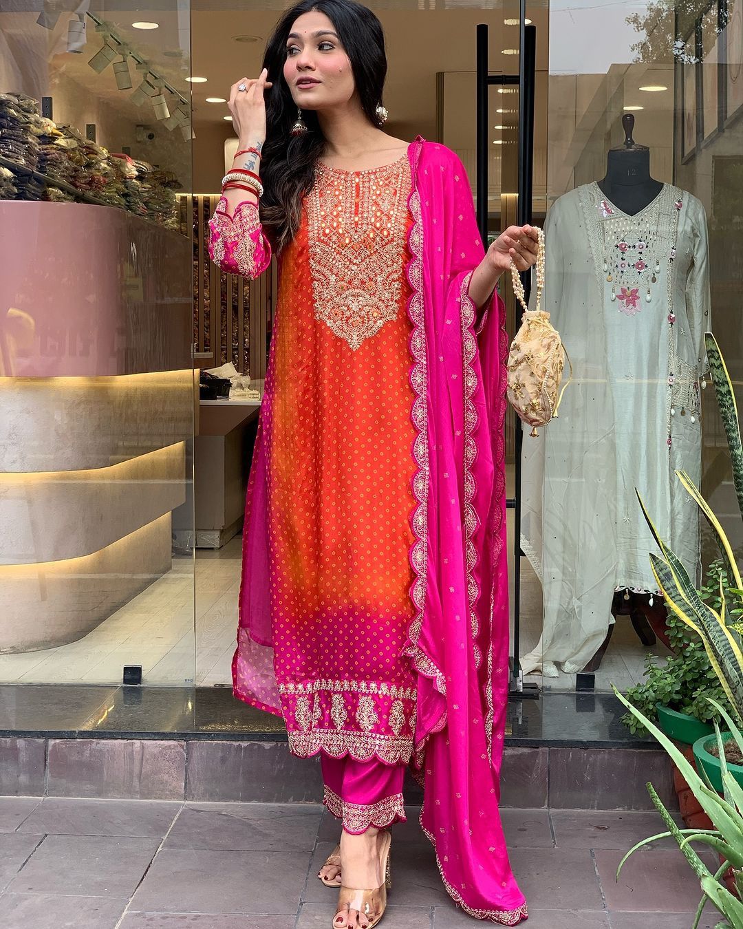 Designer Pink And Orange Pure Chinon With Heavy Embroidery Coding Dori-Sequence Work Salwar Suit