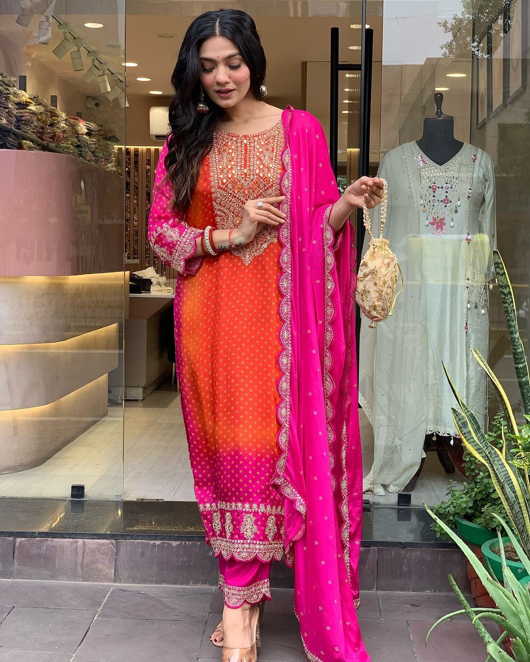 Designer Pink And Orange Pure Chinon With Heavy Embroidery Coding Dori-Sequence Work Salwar Suit