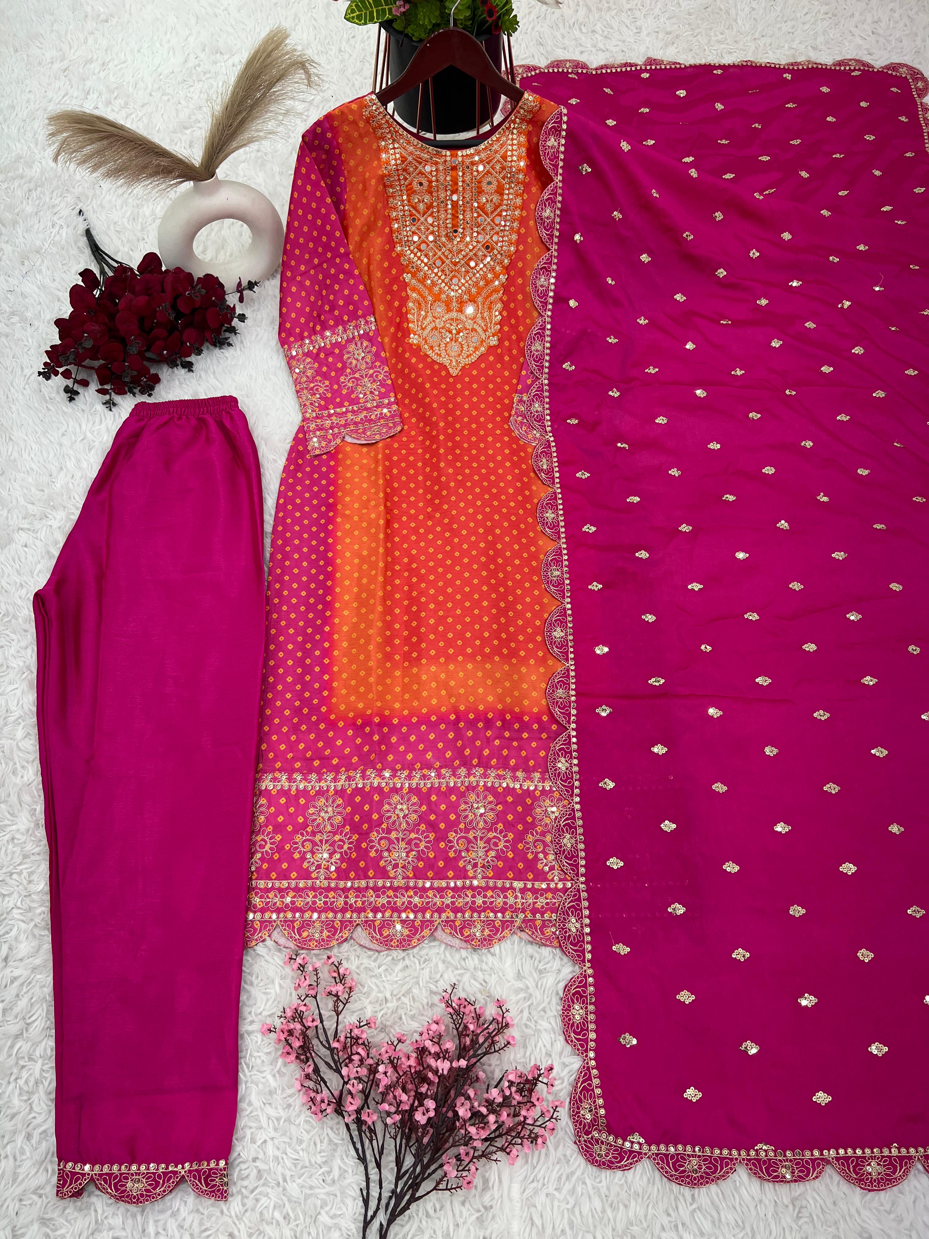 Designer Pink And Orange Pure Chinon With Heavy Embroidery Coding Dori-Sequence Work Salwar Suit