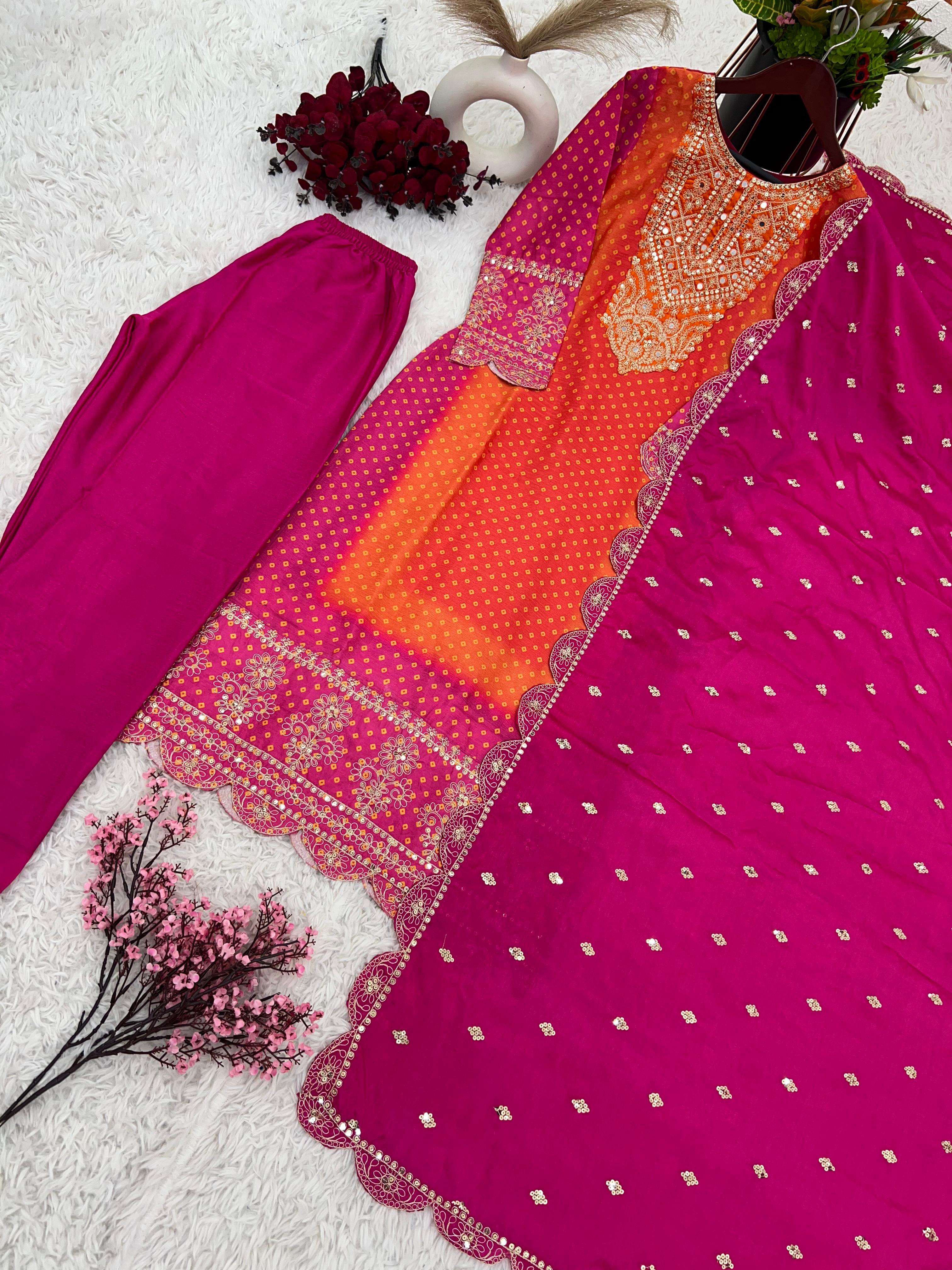 Designer Pink And Orange Pure Chinon With Heavy Embroidery Coding Dori-Sequence Work Salwar Suit