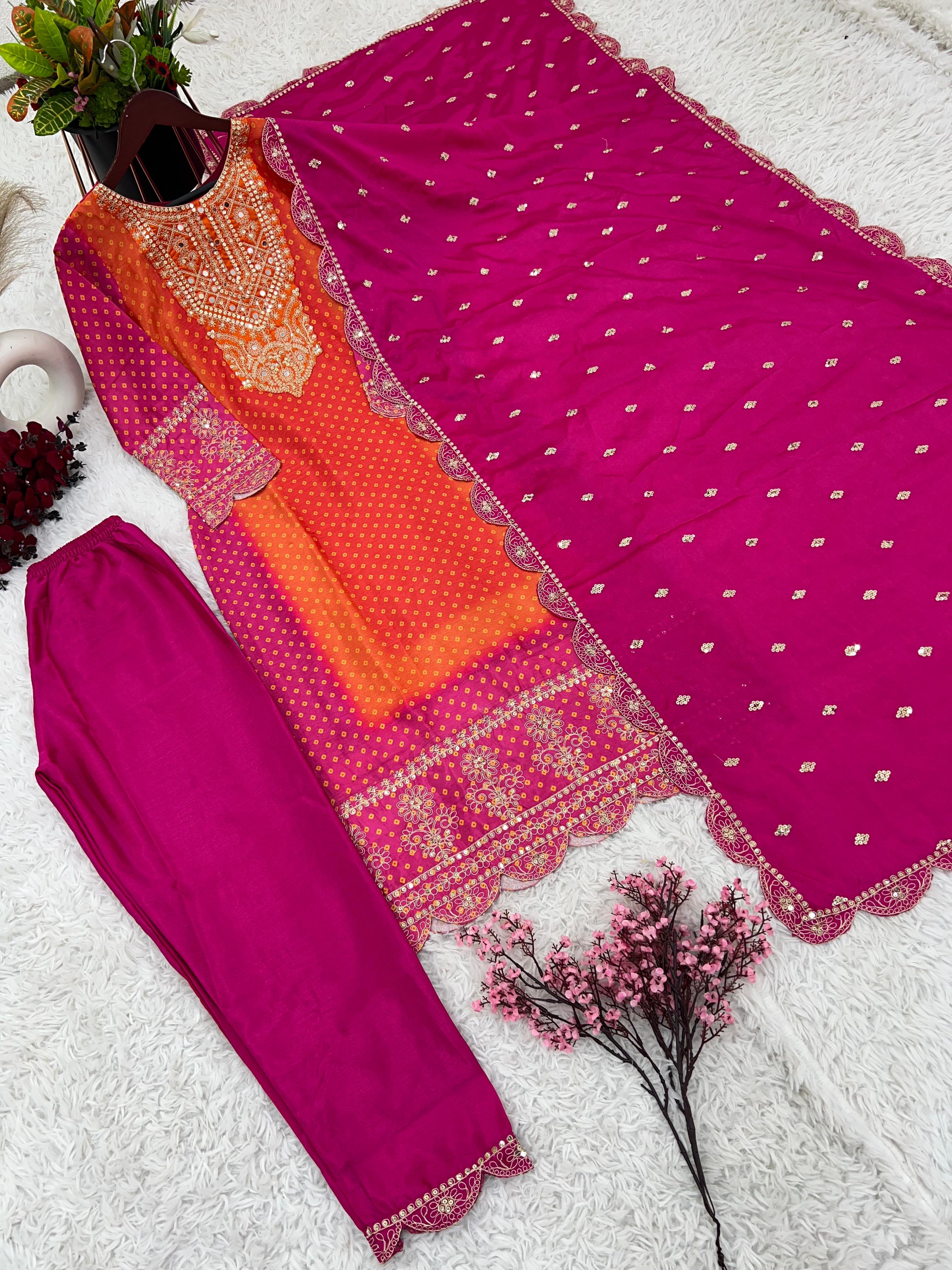 Designer Pink And Orange Pure Chinon With Heavy Embroidery Coding Dori-Sequence Work Salwar Suit