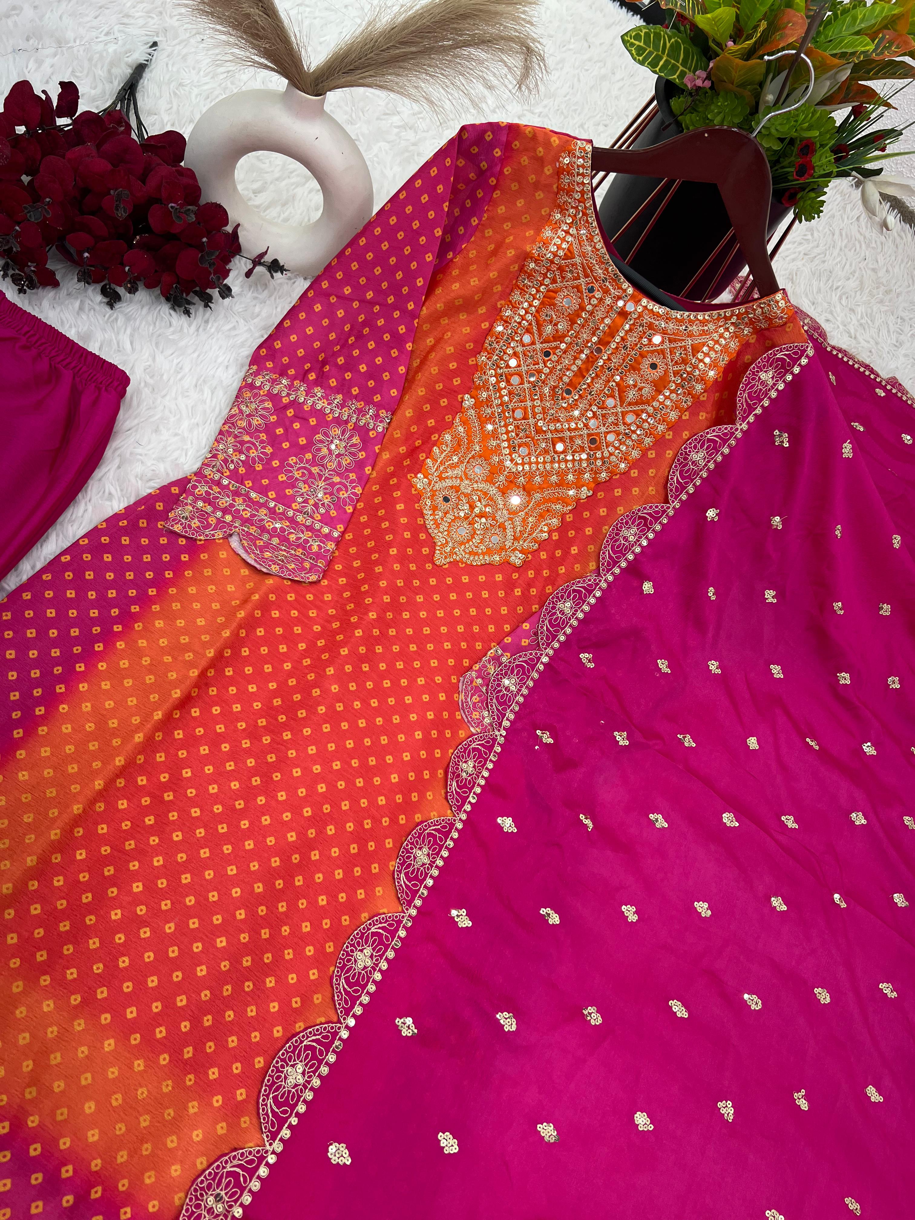 Designer Pink And Orange Pure Chinon With Heavy Embroidery Coding Dori-Sequence Work Salwar Suit