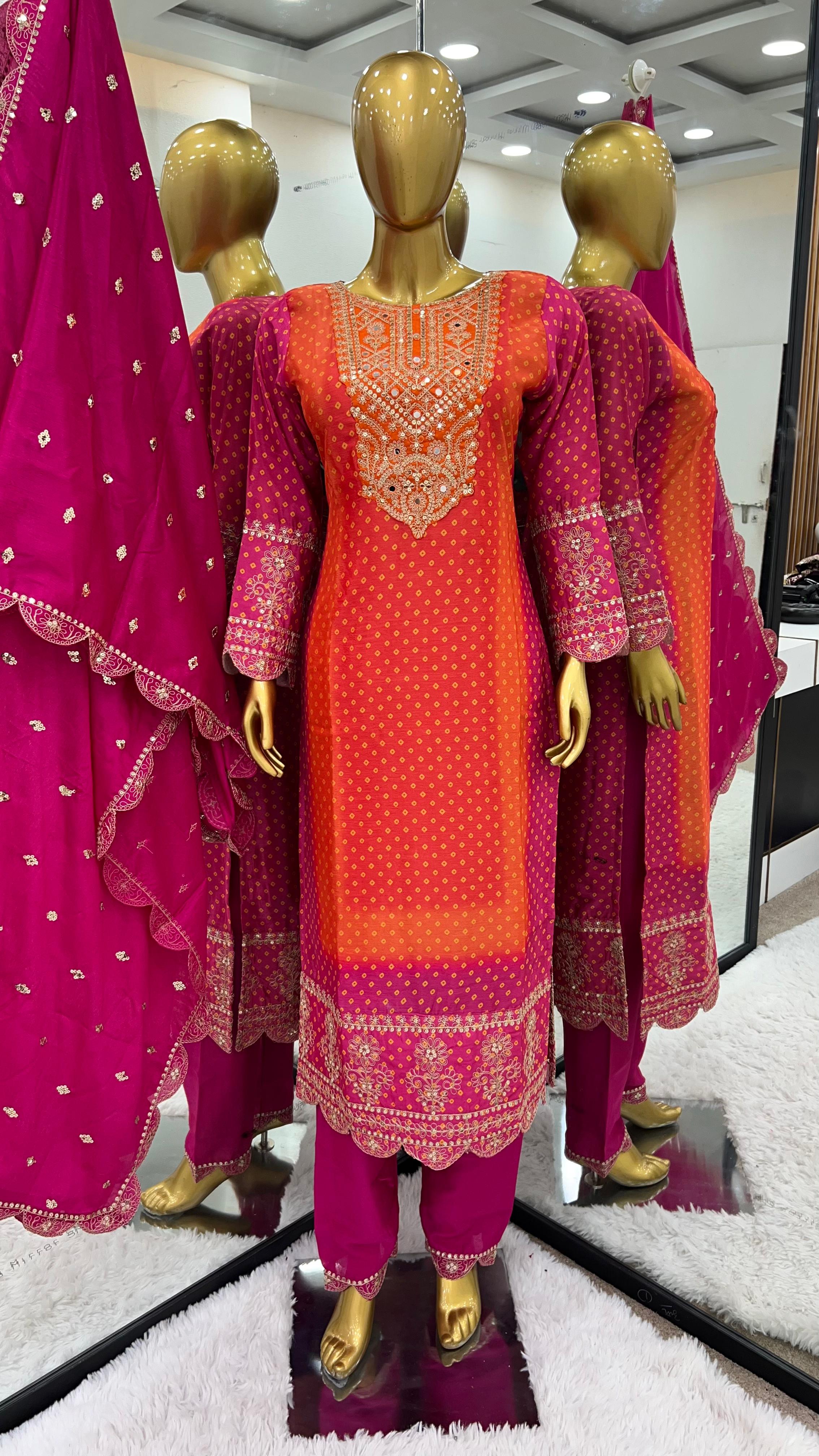 Designer Pink And Orange Pure Chinon With Heavy Embroidery Coding Dori-Sequence Work Salwar Suit