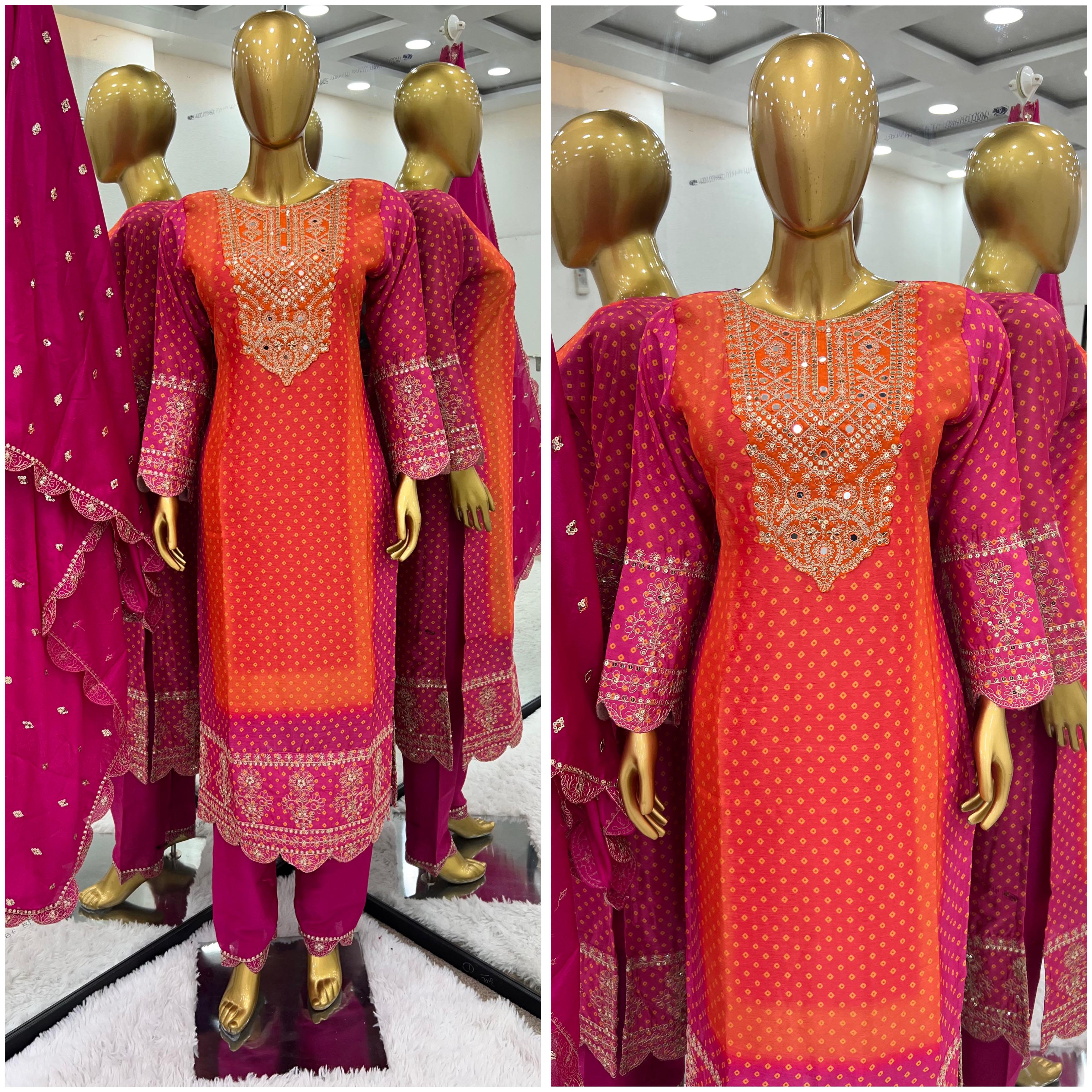 Designer Pink And Orange Pure Chinon With Heavy Embroidery Coding Dori-Sequence Work Salwar Suit