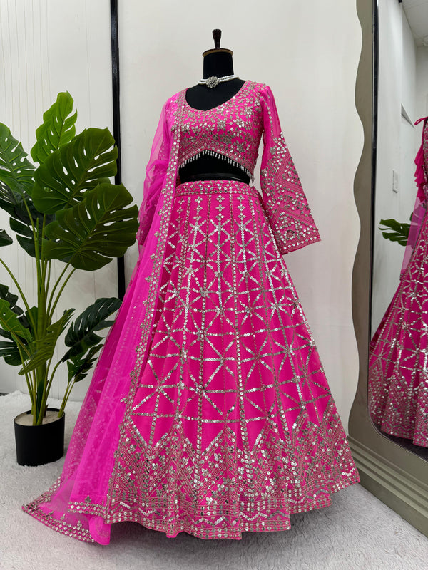 Reception Wear Pink Color Foux Georgette 9mm Sequence With Thread Bridal Wear Lehenga Choli