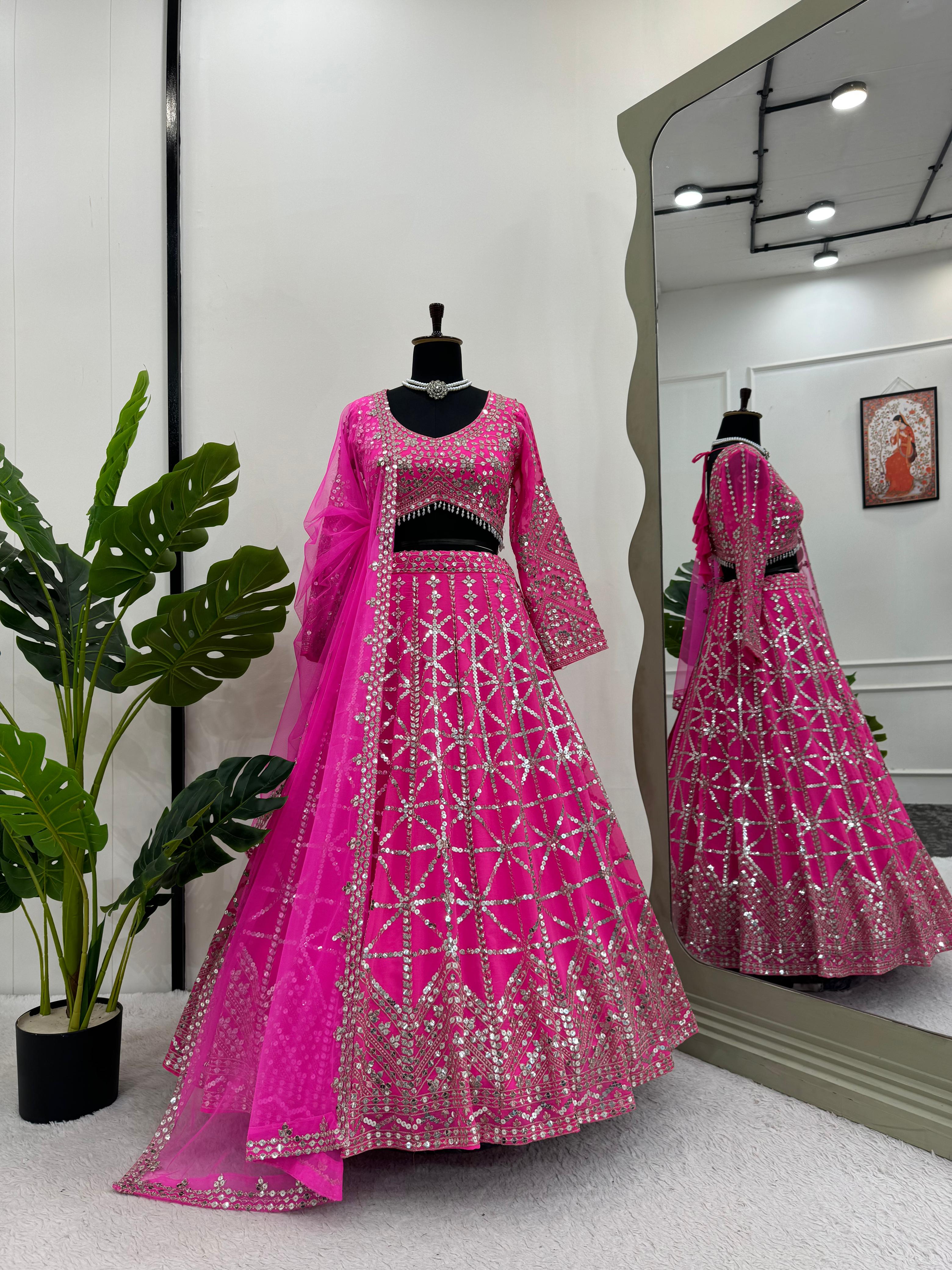 Reception Wear Pink Color Foux Georgette 9mm Sequence With Thread Bridal Wear Lehenga Choli