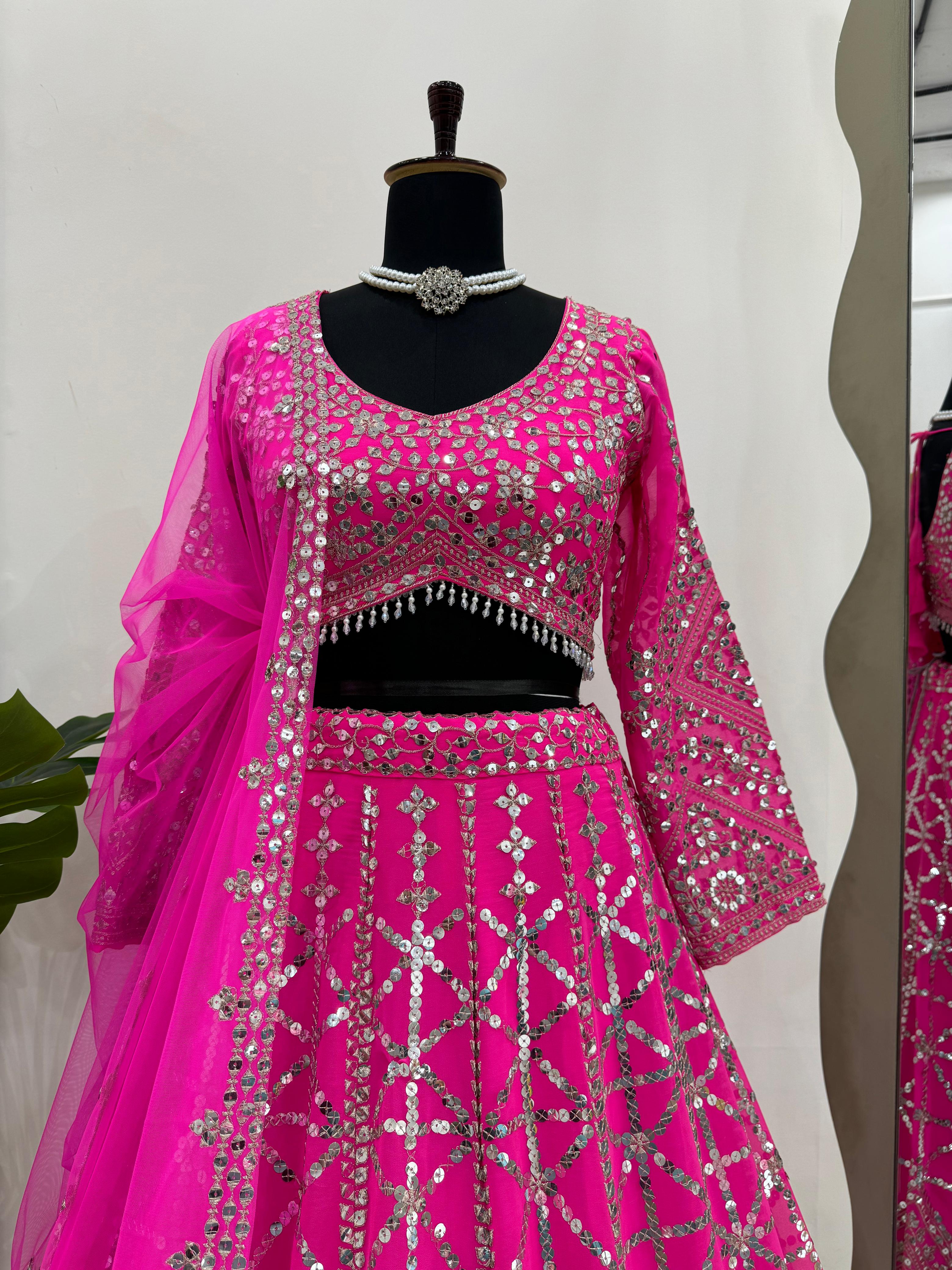 Reception Wear Pink Color Foux Georgette 9mm Sequence With Thread Bridal Wear Lehenga Choli