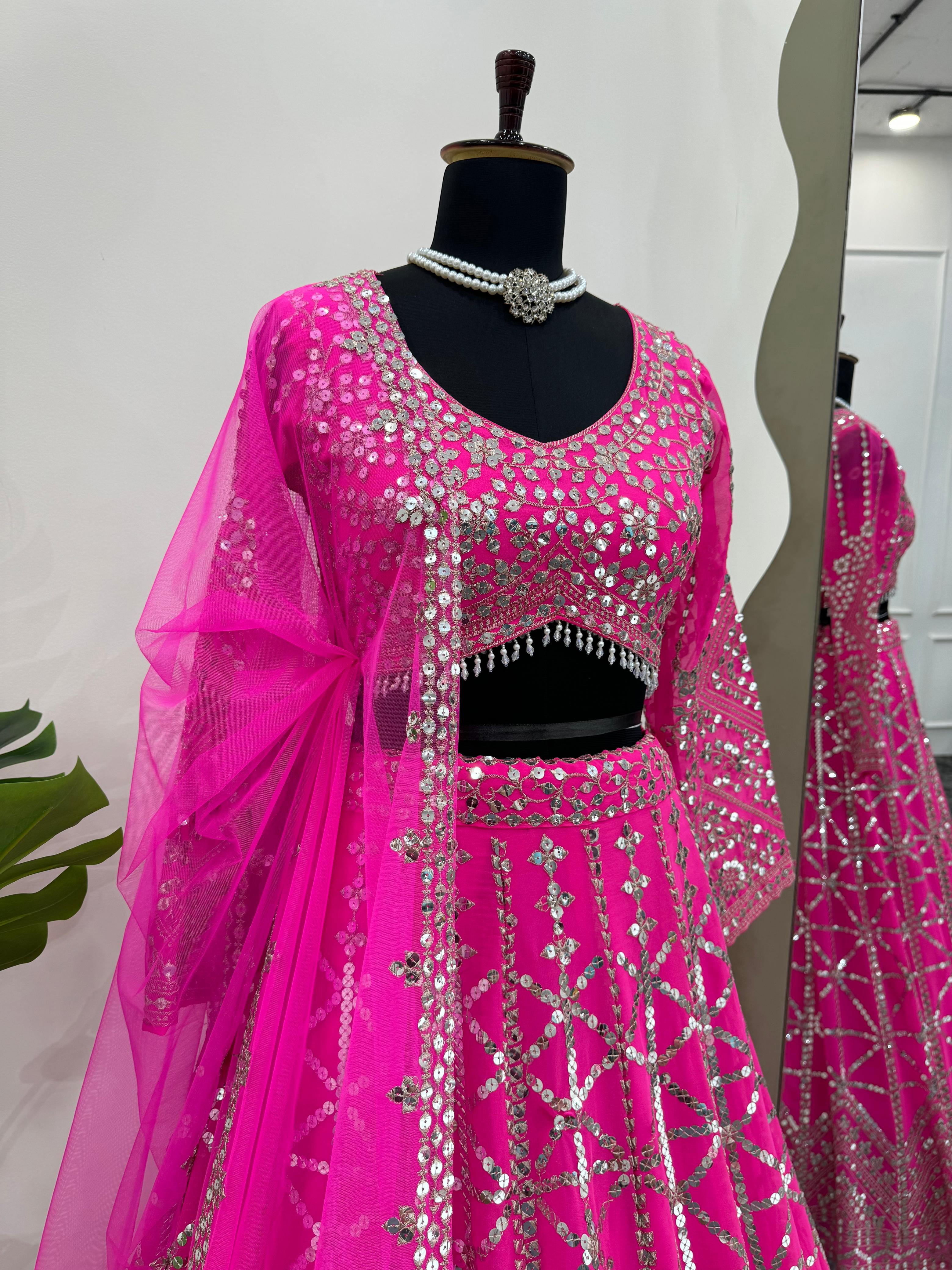 Reception Wear Pink Color Foux Georgette 9mm Sequence With Thread Bridal Wear Lehenga Choli