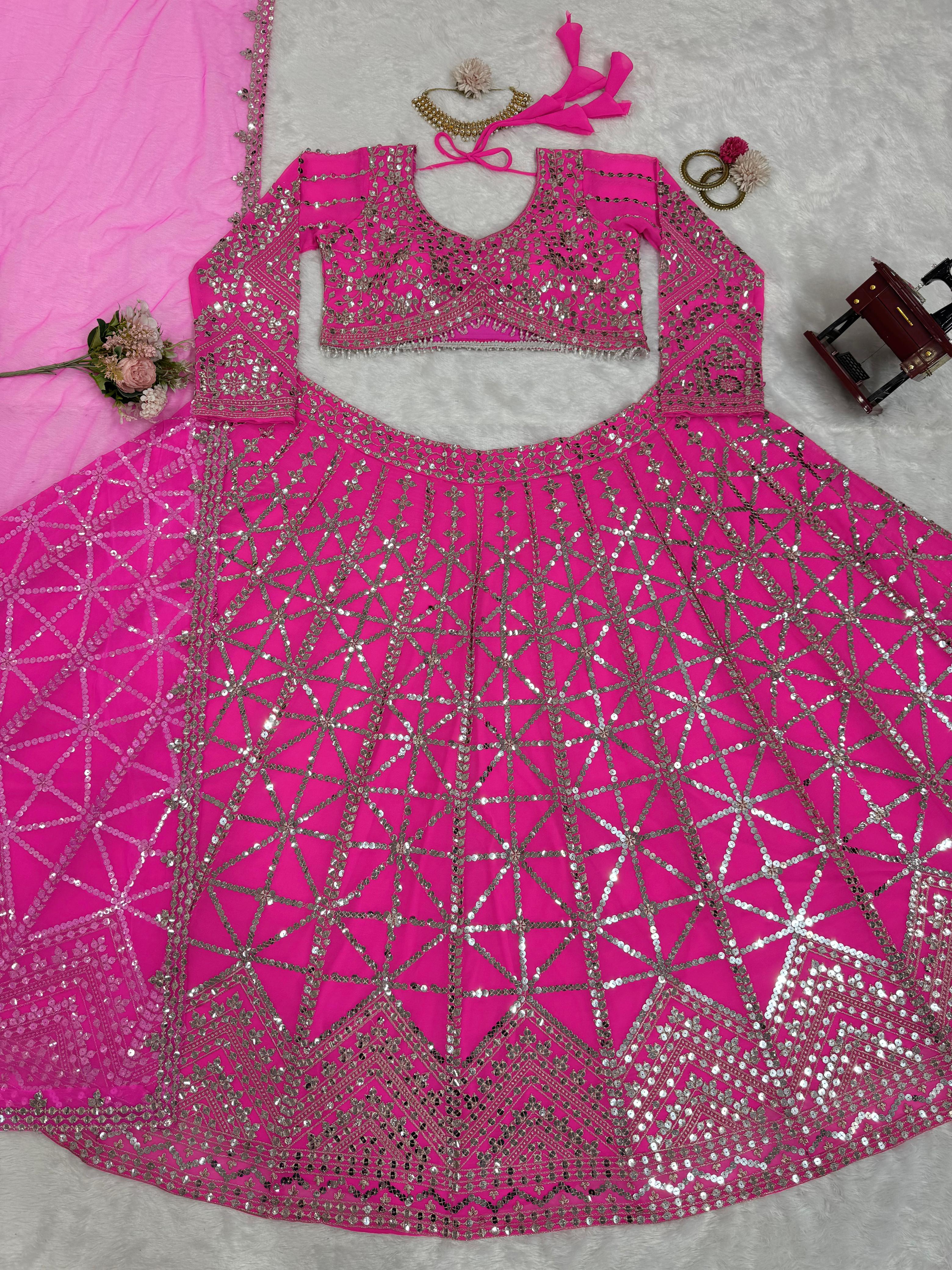 Reception Wear Pink Color Foux Georgette 9mm Sequence With Thread Bridal Wear Lehenga Choli