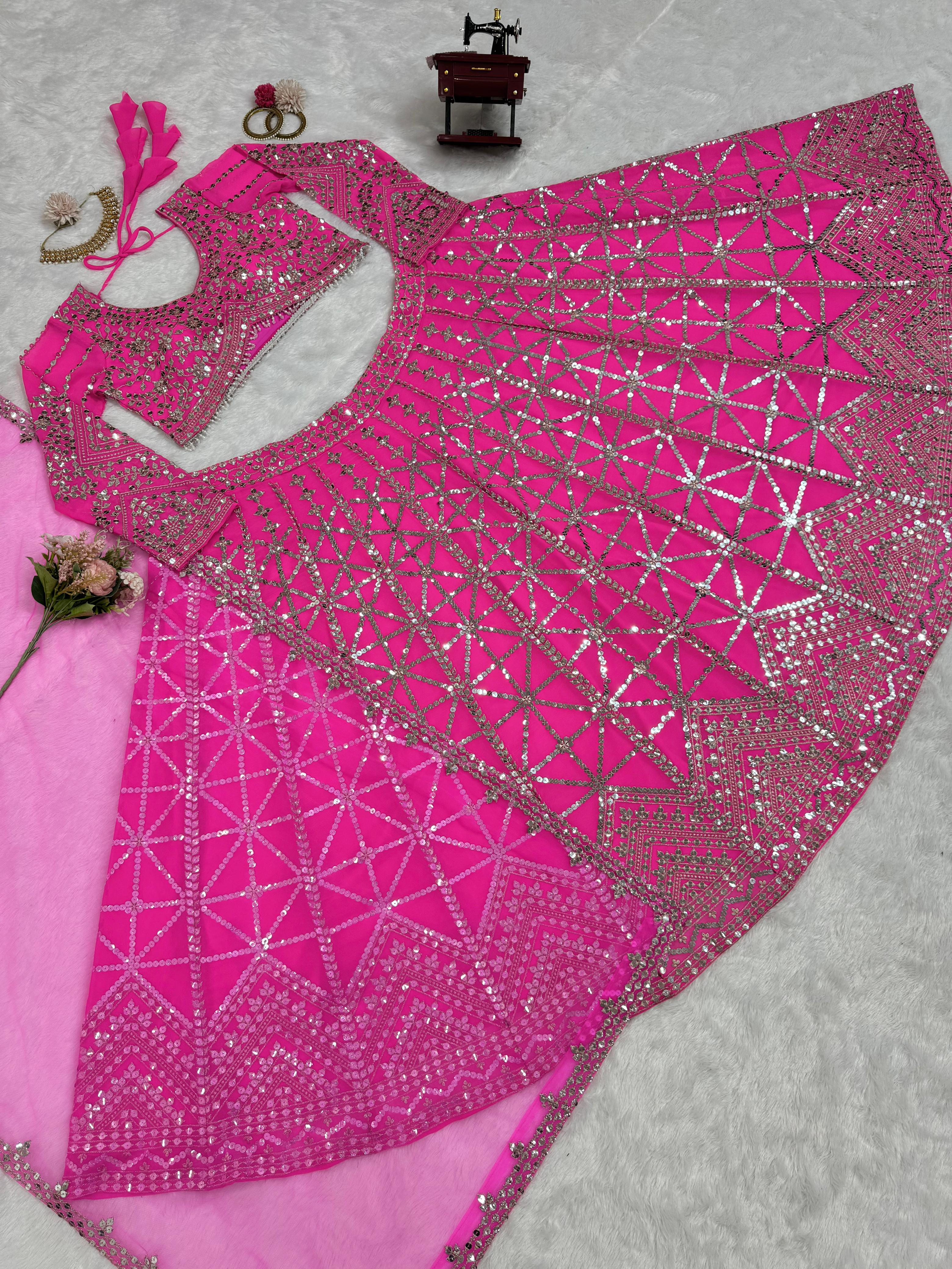 Reception Wear Pink Color Foux Georgette 9mm Sequence With Thread Bridal Wear Lehenga Choli