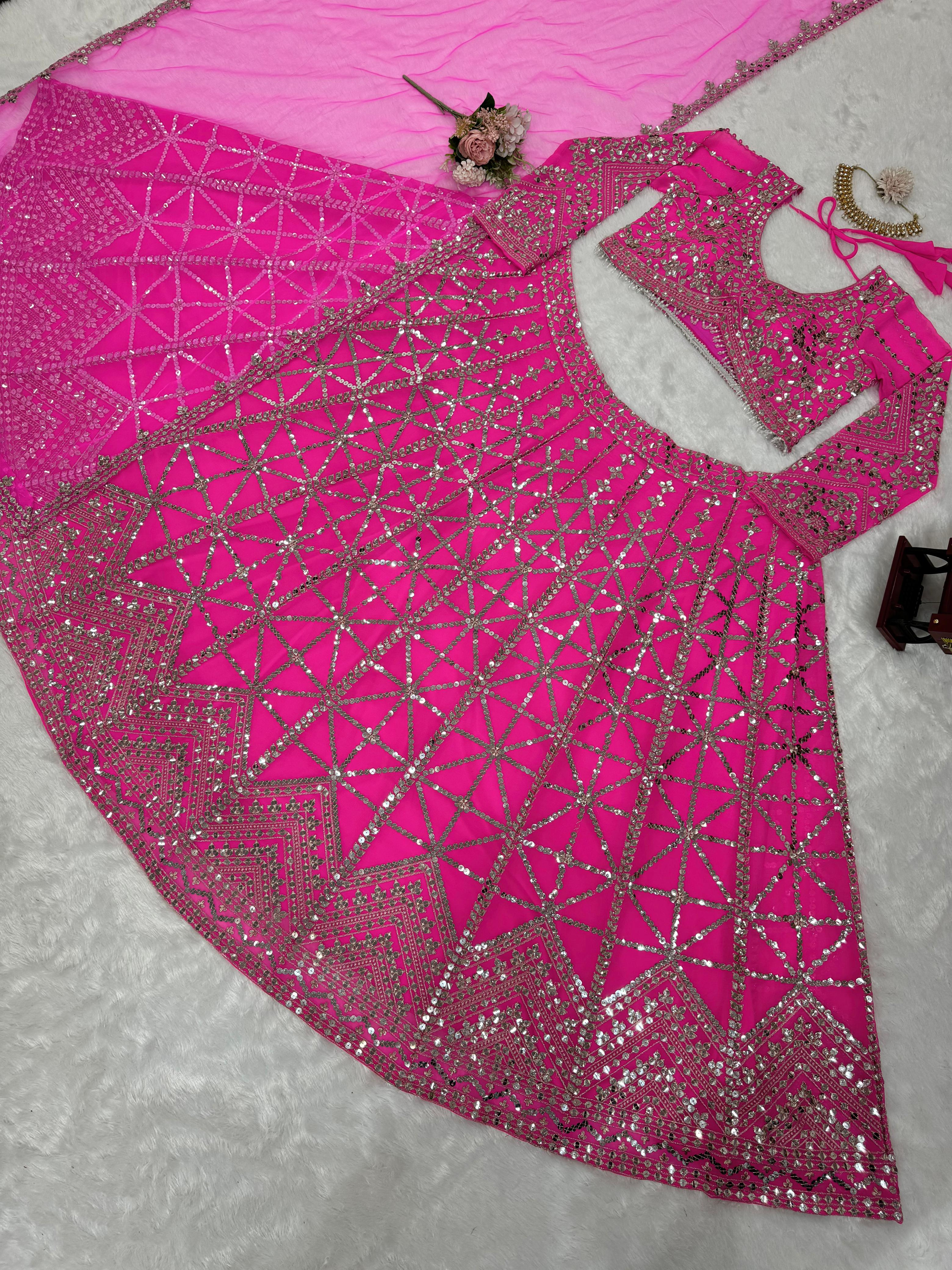 Reception Wear Pink Color Foux Georgette 9mm Sequence With Thread Bridal Wear Lehenga Choli