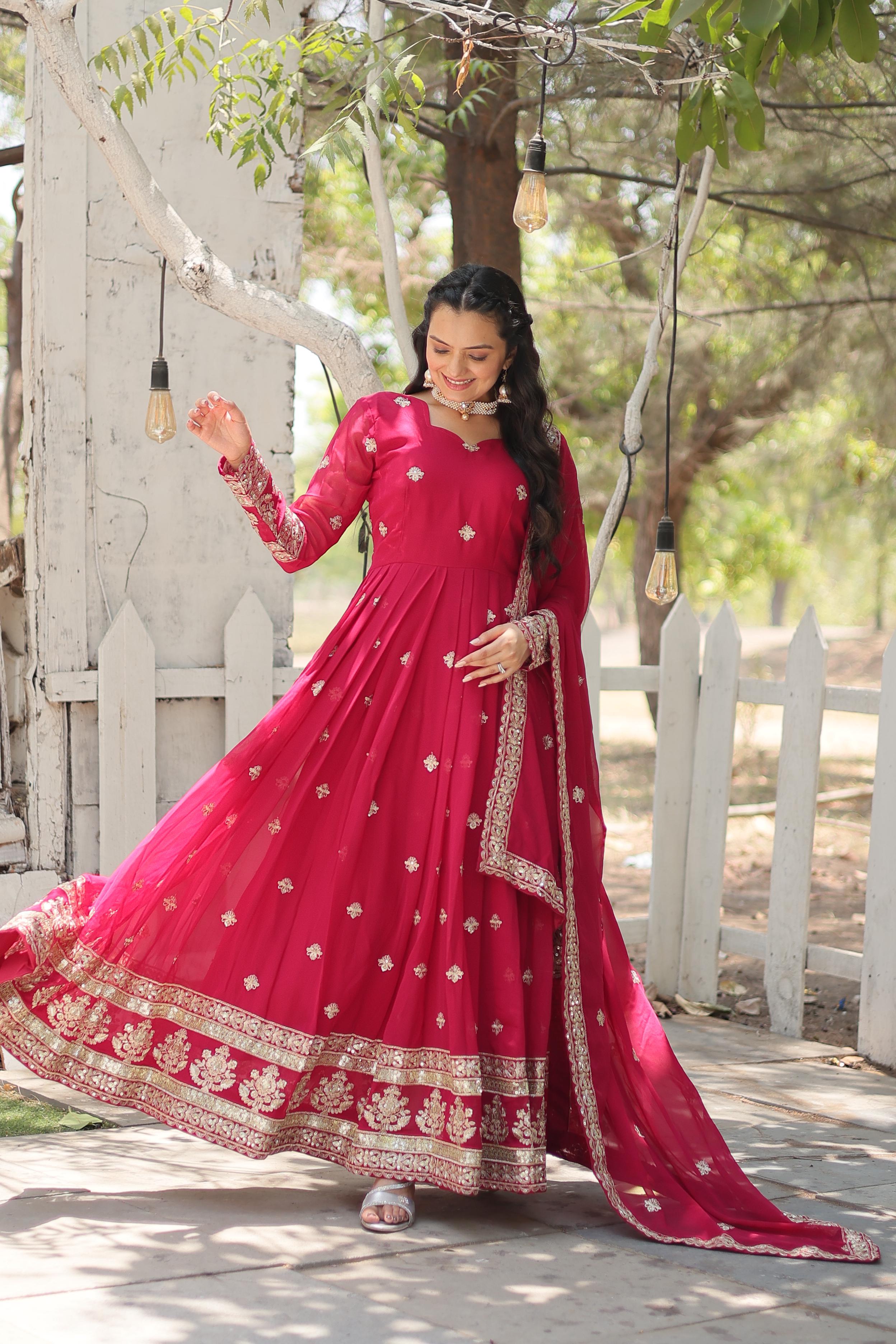 Wedding Wear Pink Color Faux Blooming With Rich Sequins Embroidered Work Anarkali Gown