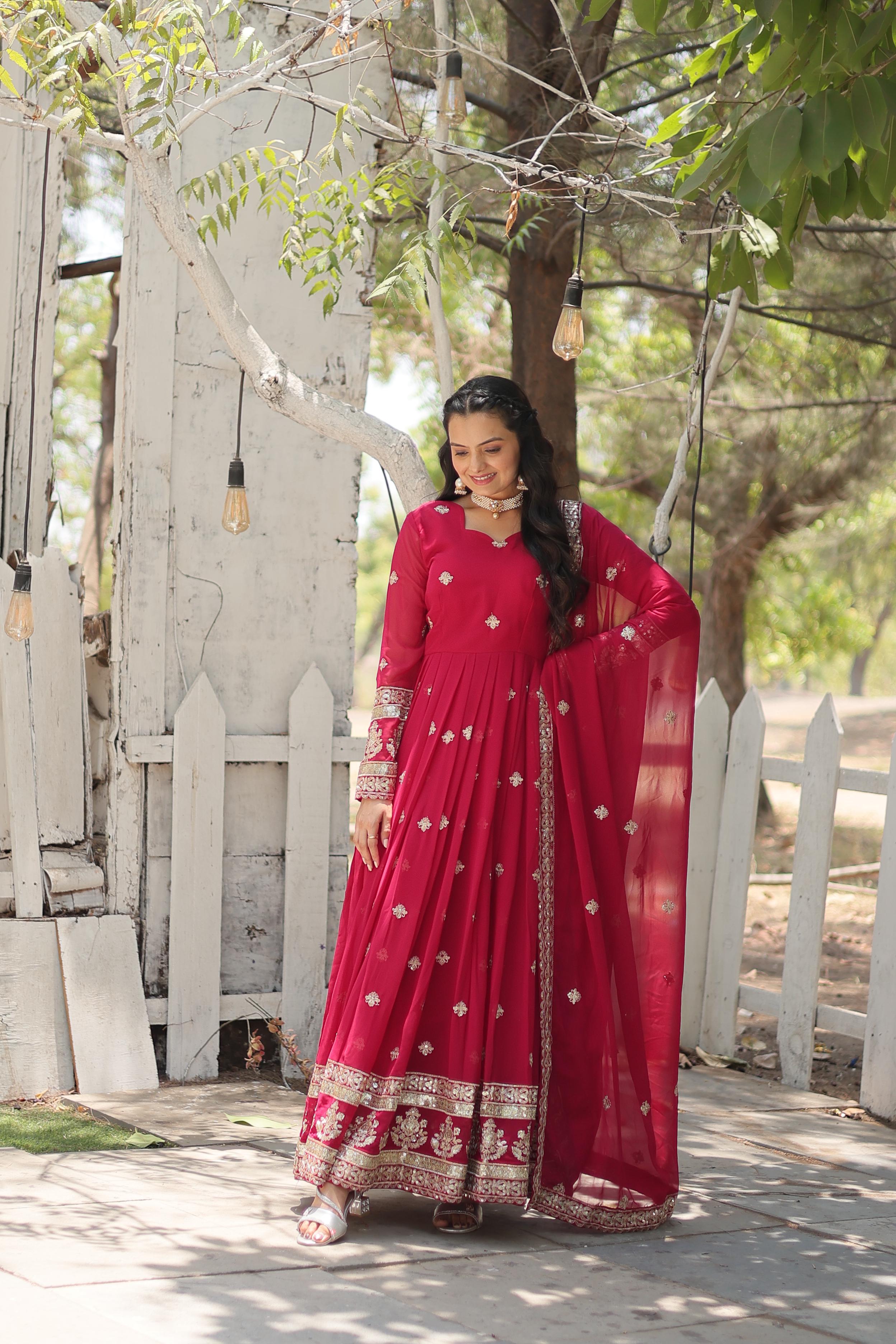 Wedding Wear Pink Color Faux Blooming With Rich Sequins Embroidered Work Anarkali Gown