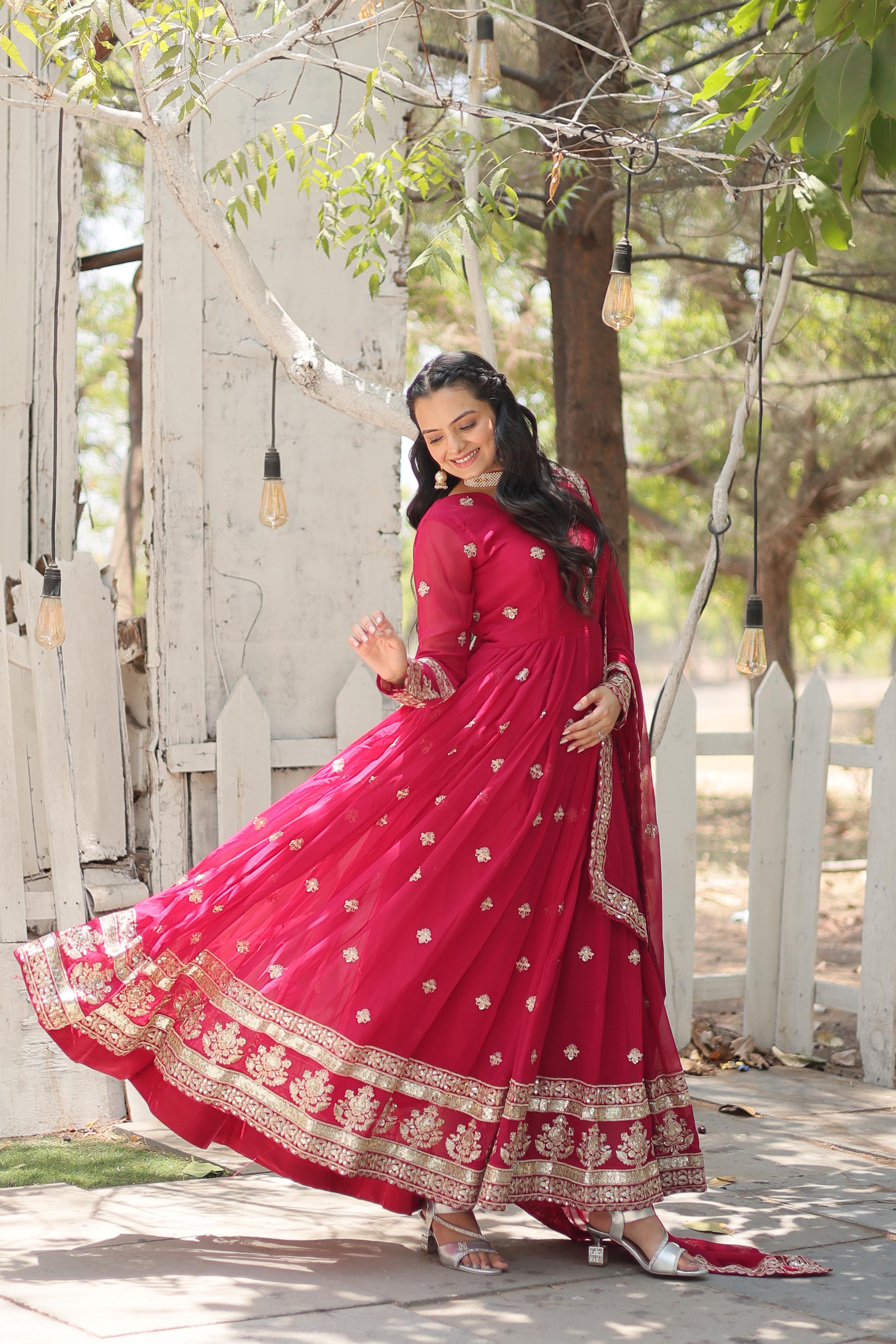 Wedding Wear Pink Color Faux Blooming With Rich Sequins Embroidered Work Anarkali Gown