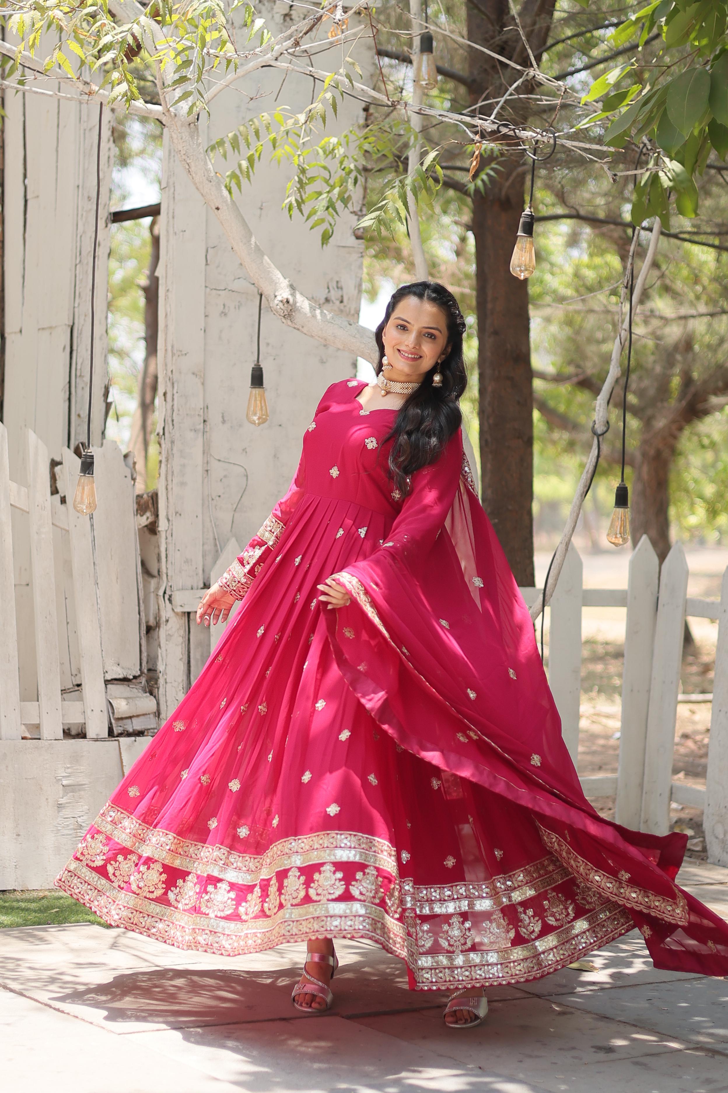 Wedding Wear Pink Color Faux Blooming With Rich Sequins Embroidered Work Anarkali Gown