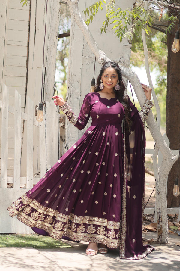 Party Wear Purple Color Faux Blooming With Rich Sequins Embroidered Work Anarkali Gown