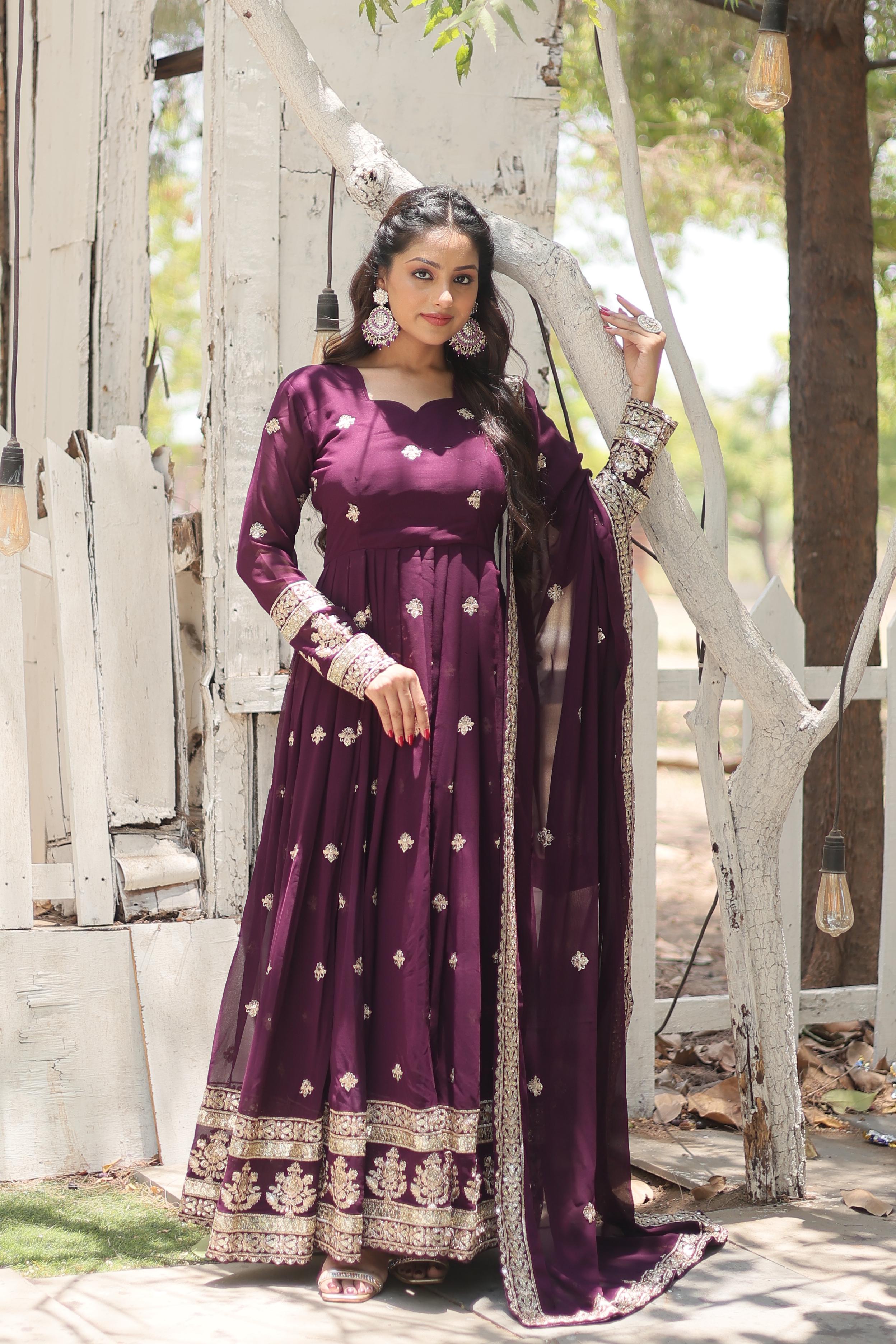 Party Wear Purple Color Faux Blooming With Rich Sequins Embroidered Work Anarkali Gown