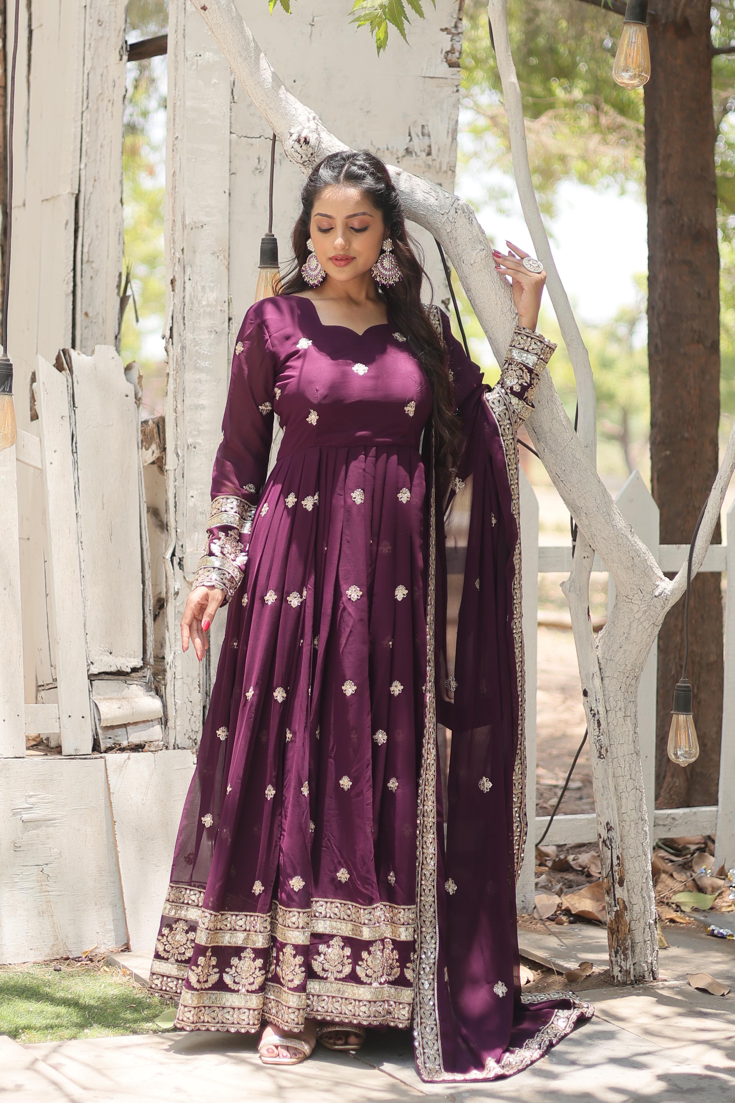 Party Wear Purple Color Faux Blooming With Rich Sequins Embroidered Work Anarkali Gown