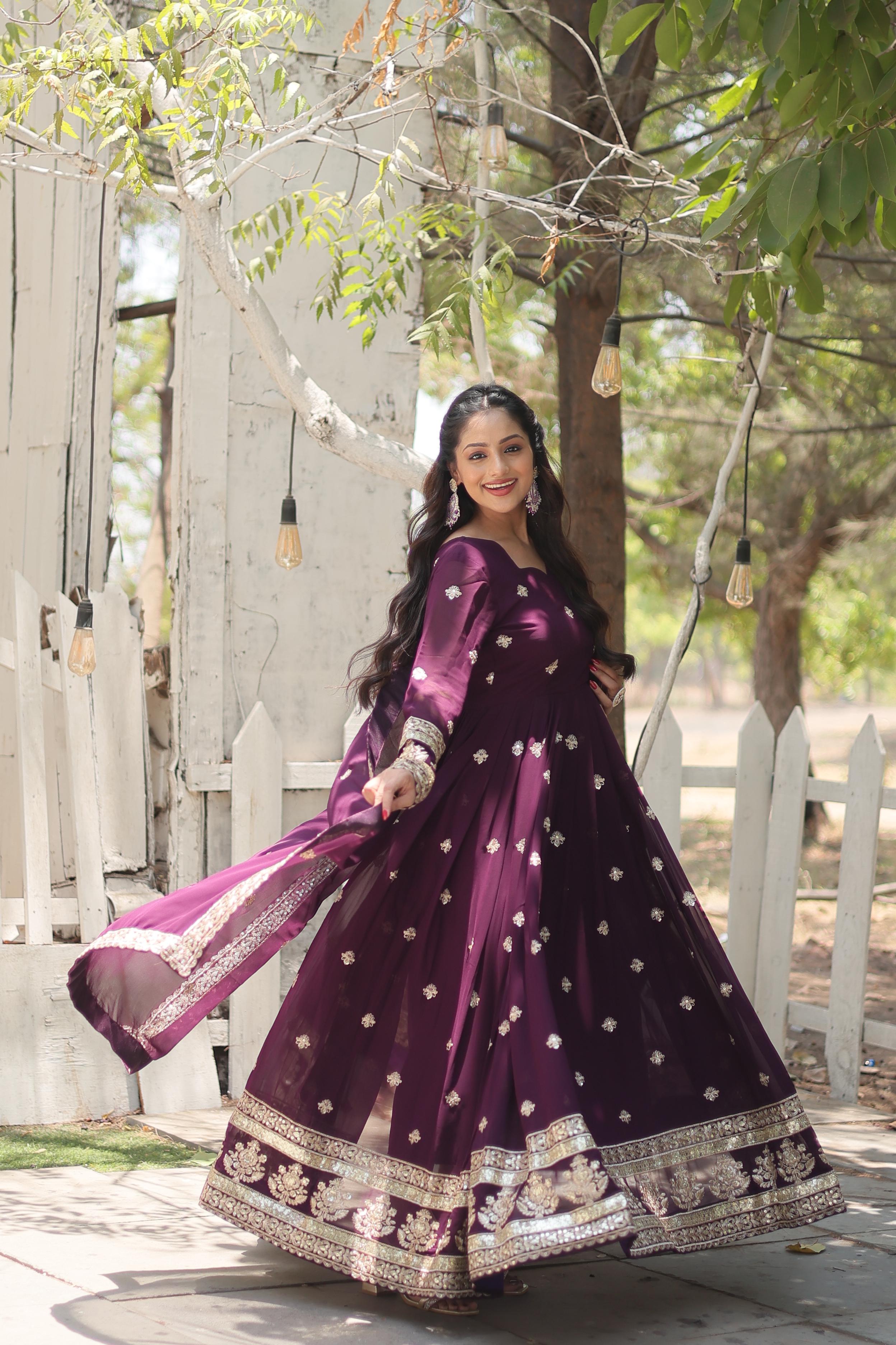 Party Wear Purple Color Faux Blooming With Rich Sequins Embroidered Work Anarkali Gown