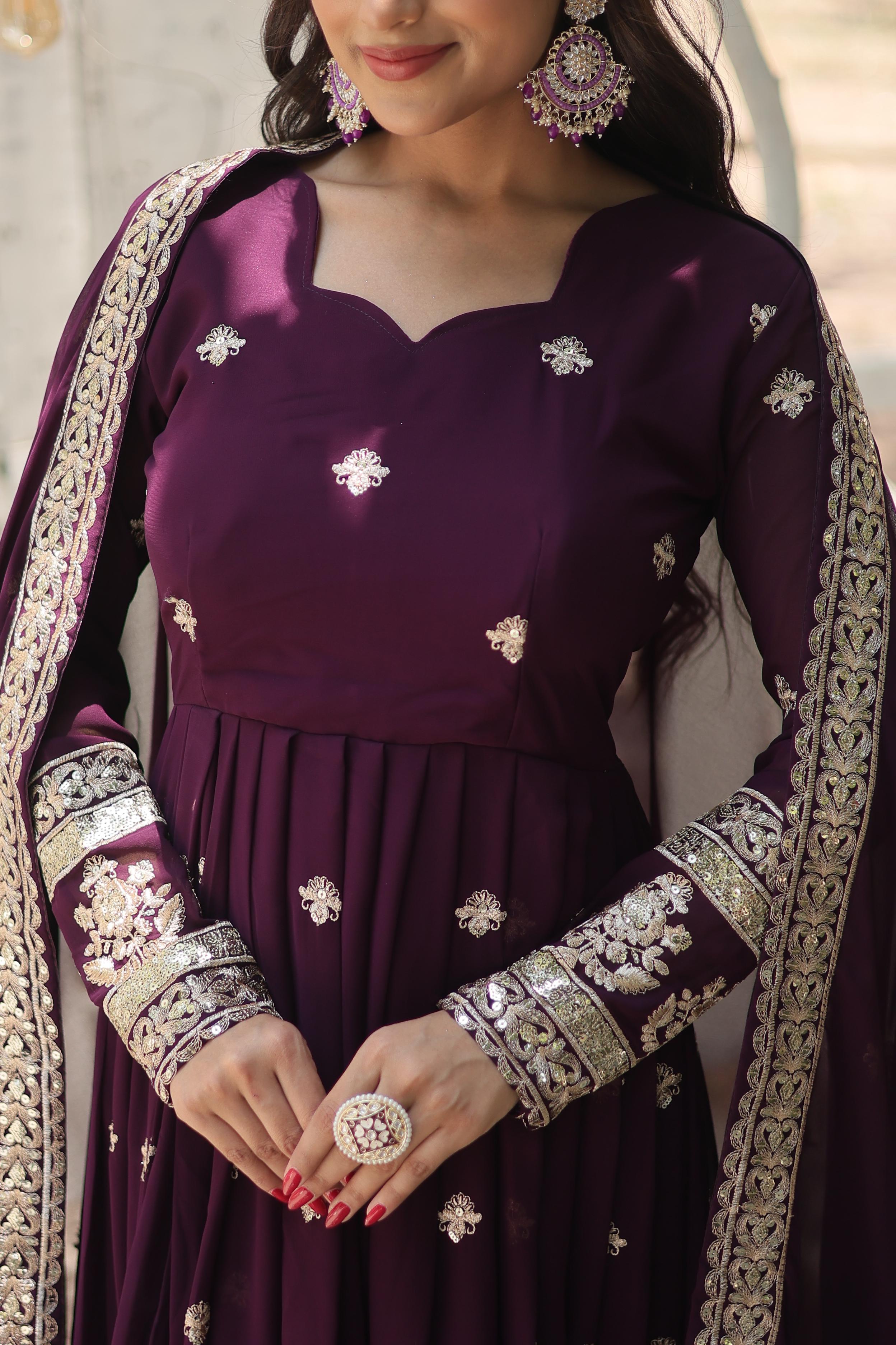 Party Wear Purple Color Faux Blooming With Rich Sequins Embroidered Work Anarkali Gown