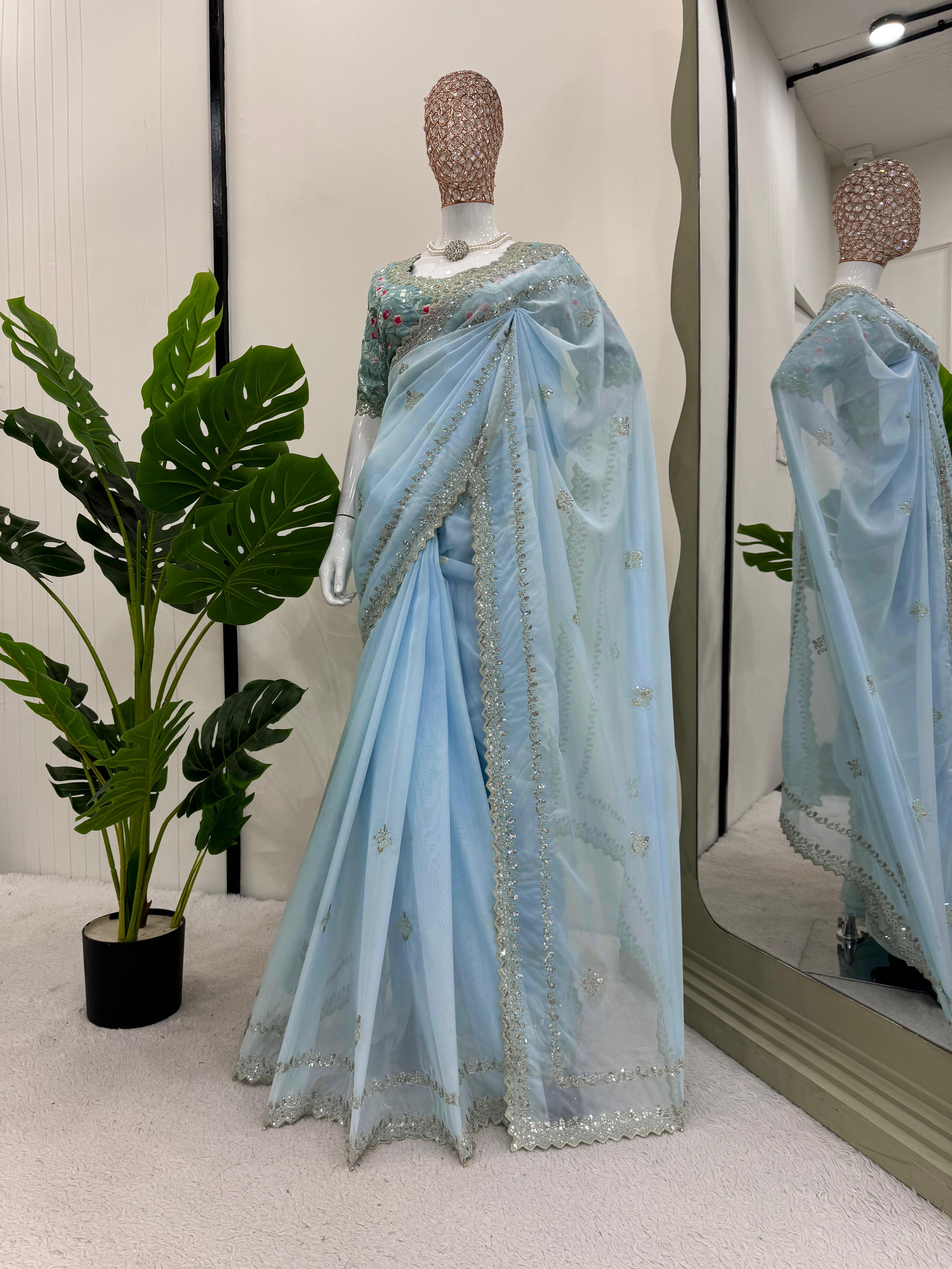 Wedding Wear Sky Blue Color Tibby Silk Thred Sequence With Fancy Lace Designer Saree