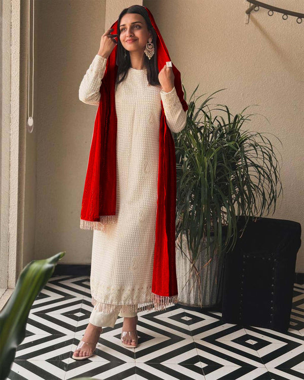 Fashionable Faux Georgette Sequence Thread Embroidered Work White Color Salwar Suit With Red Dupatta