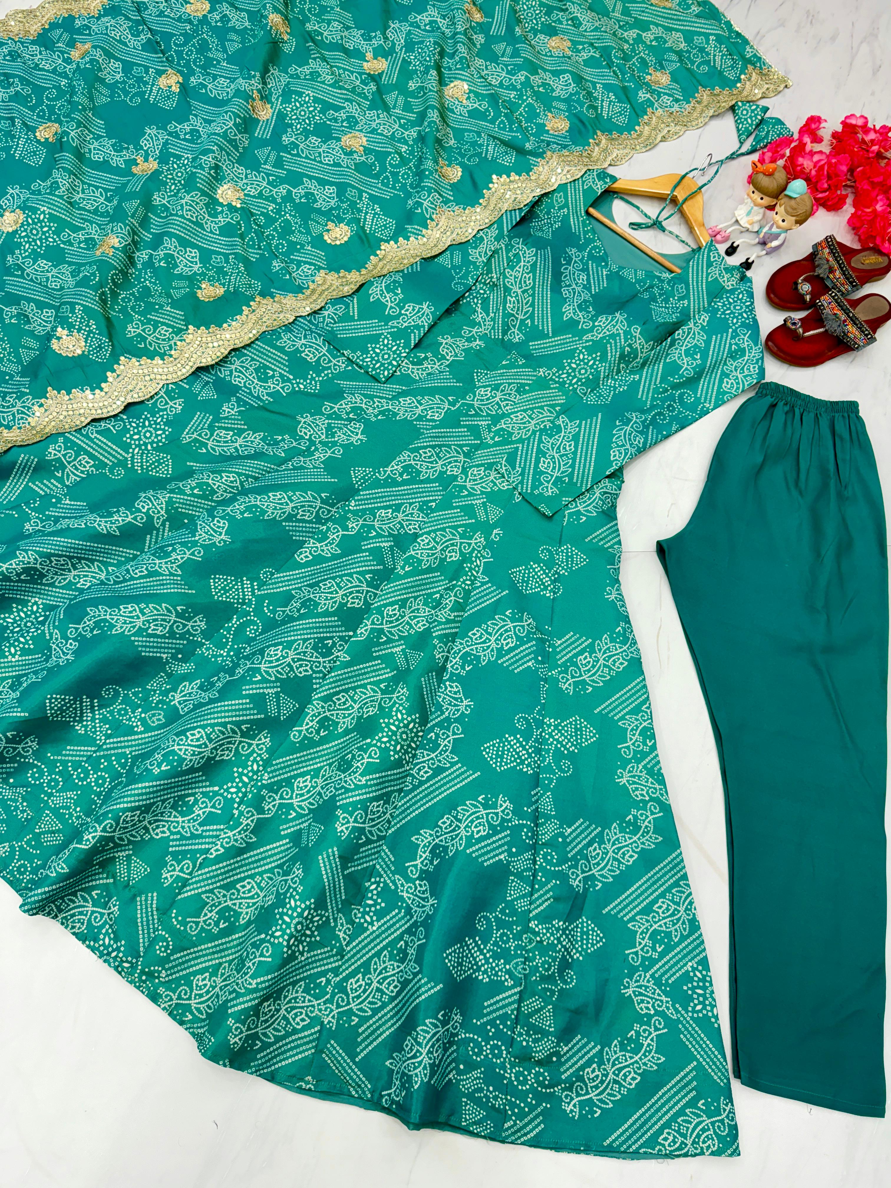 Marvelous Green Color Pure Two Tone Banarasi Silk With Digital Printed Designer Gown