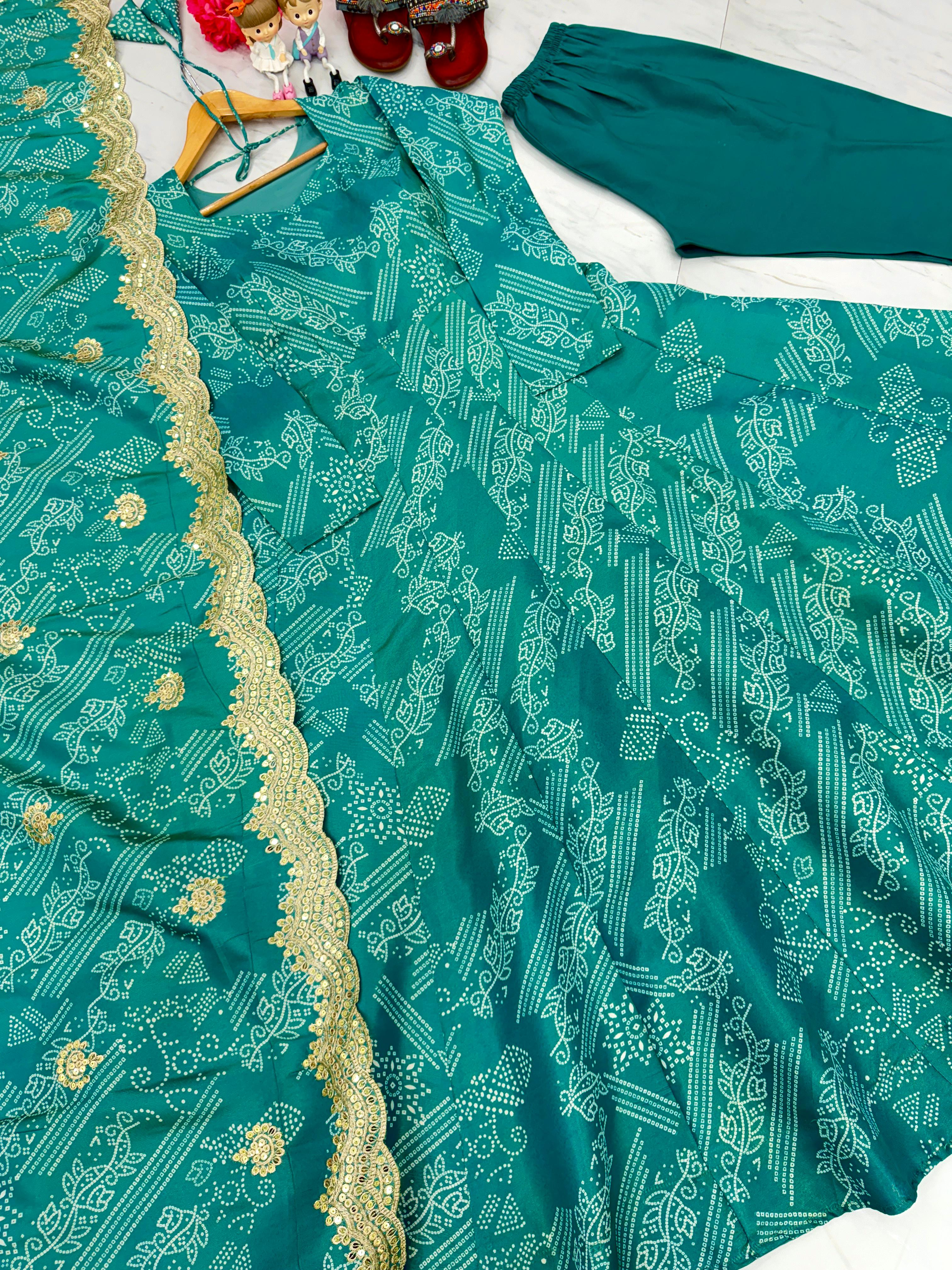 Marvelous Green Color Pure Two Tone Banarasi Silk With Digital Printed Designer Gown