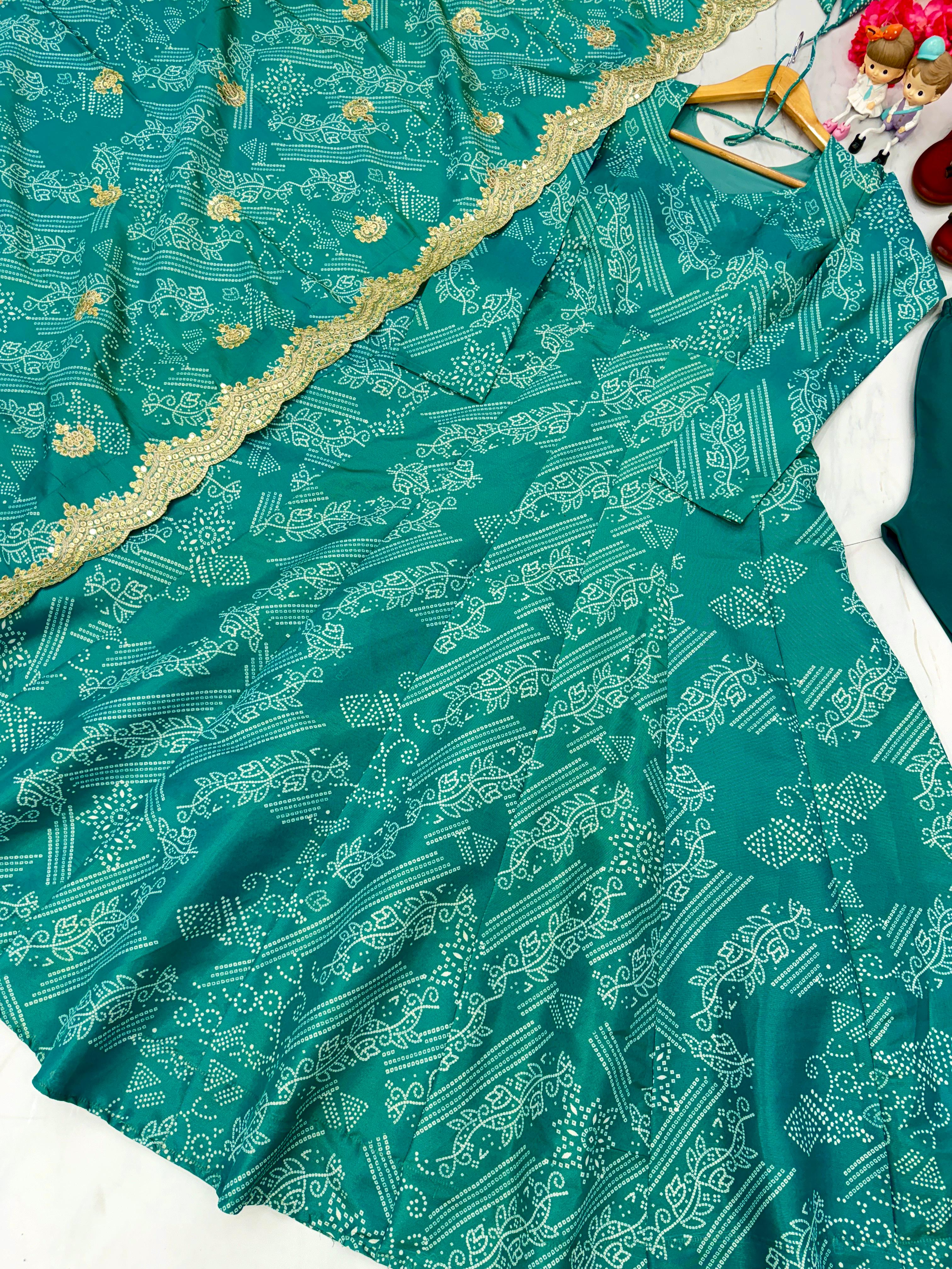 Marvelous Green Color Pure Two Tone Banarasi Silk With Digital Printed Designer Gown