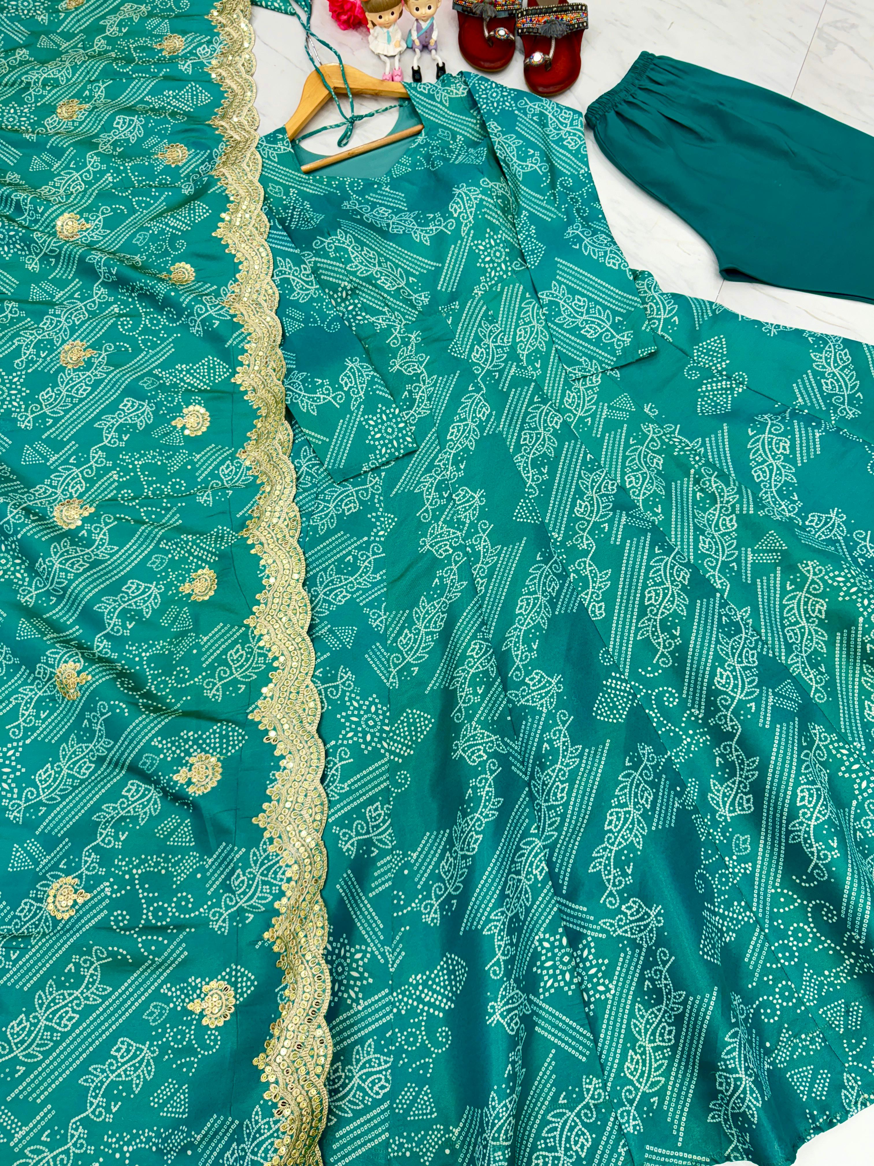 Marvelous Green Color Pure Two Tone Banarasi Silk With Digital Printed Designer Gown