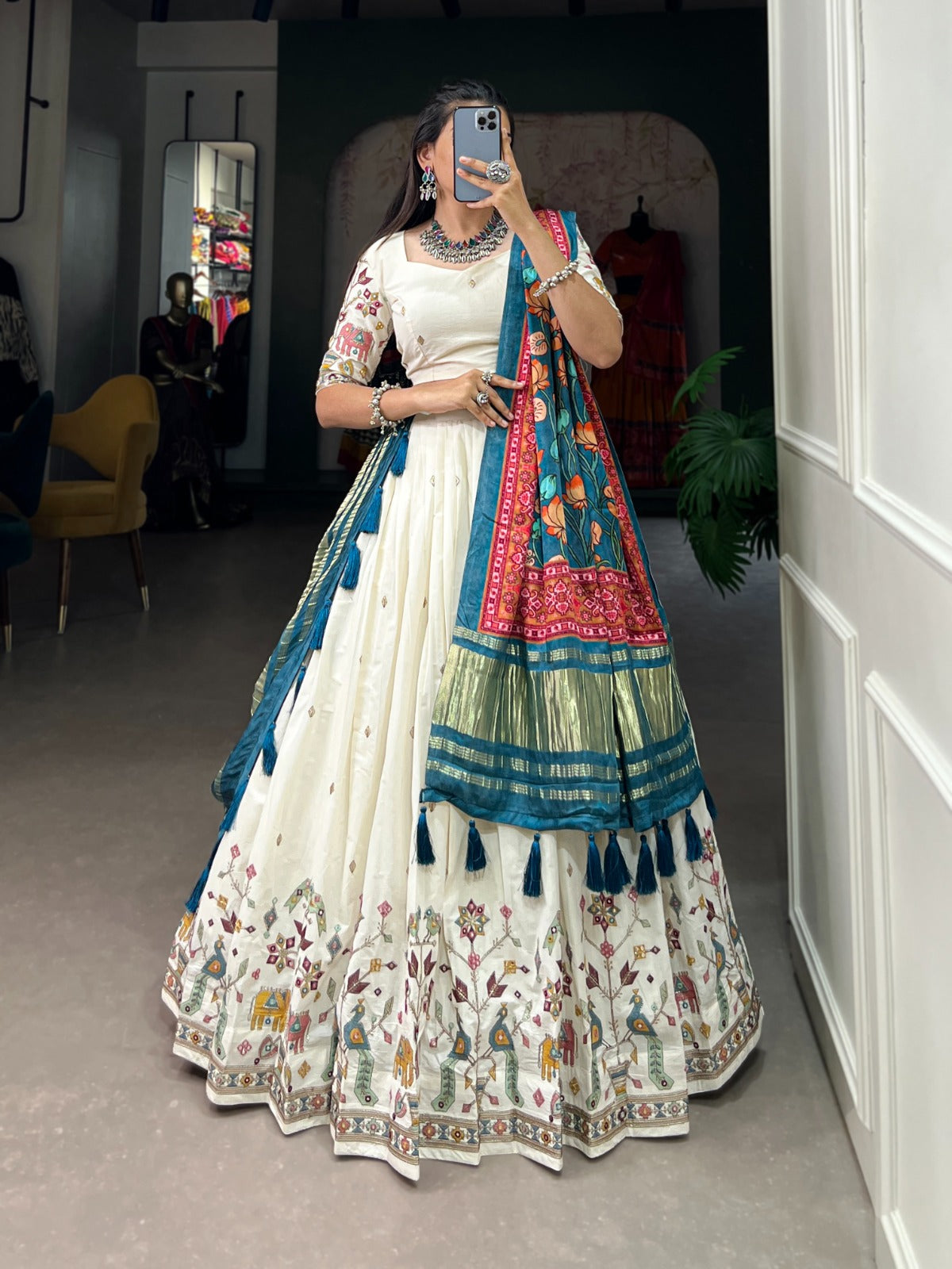 Traditional Wear White Color Khadi Cotton Sequins And Thread Embroidery Work Designer Lehenga Choli With Teal Dupatta